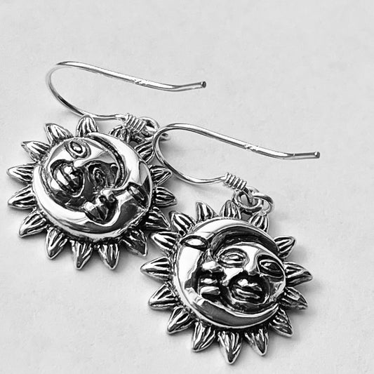 Sterling Silver Sun & Moon Face Dangling Earrings: Celestial Boho Jewelry