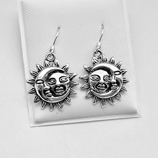 Sterling Silver Sun & Moon Face Dangling Earrings: Celestial Boho Jewelry