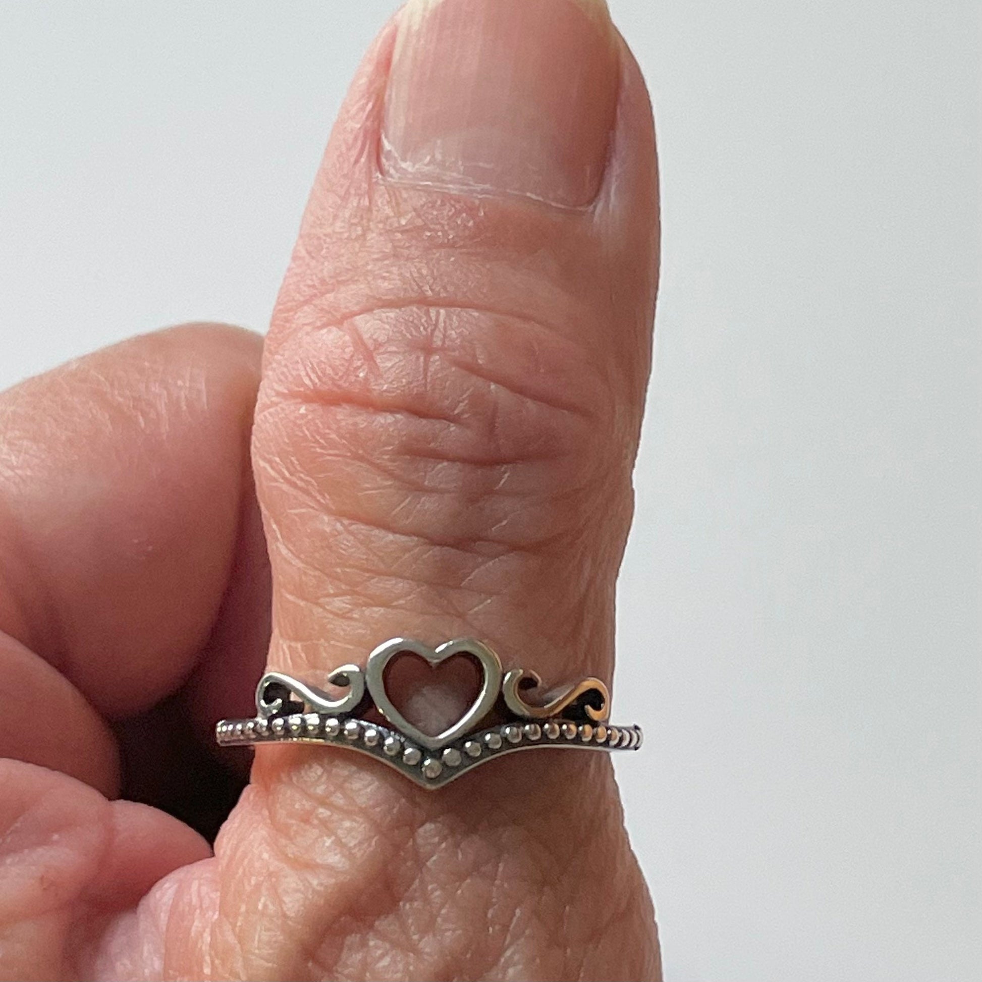 Sterling Silver Crown Heart Ring: CZ Accent, Oxidized Finish