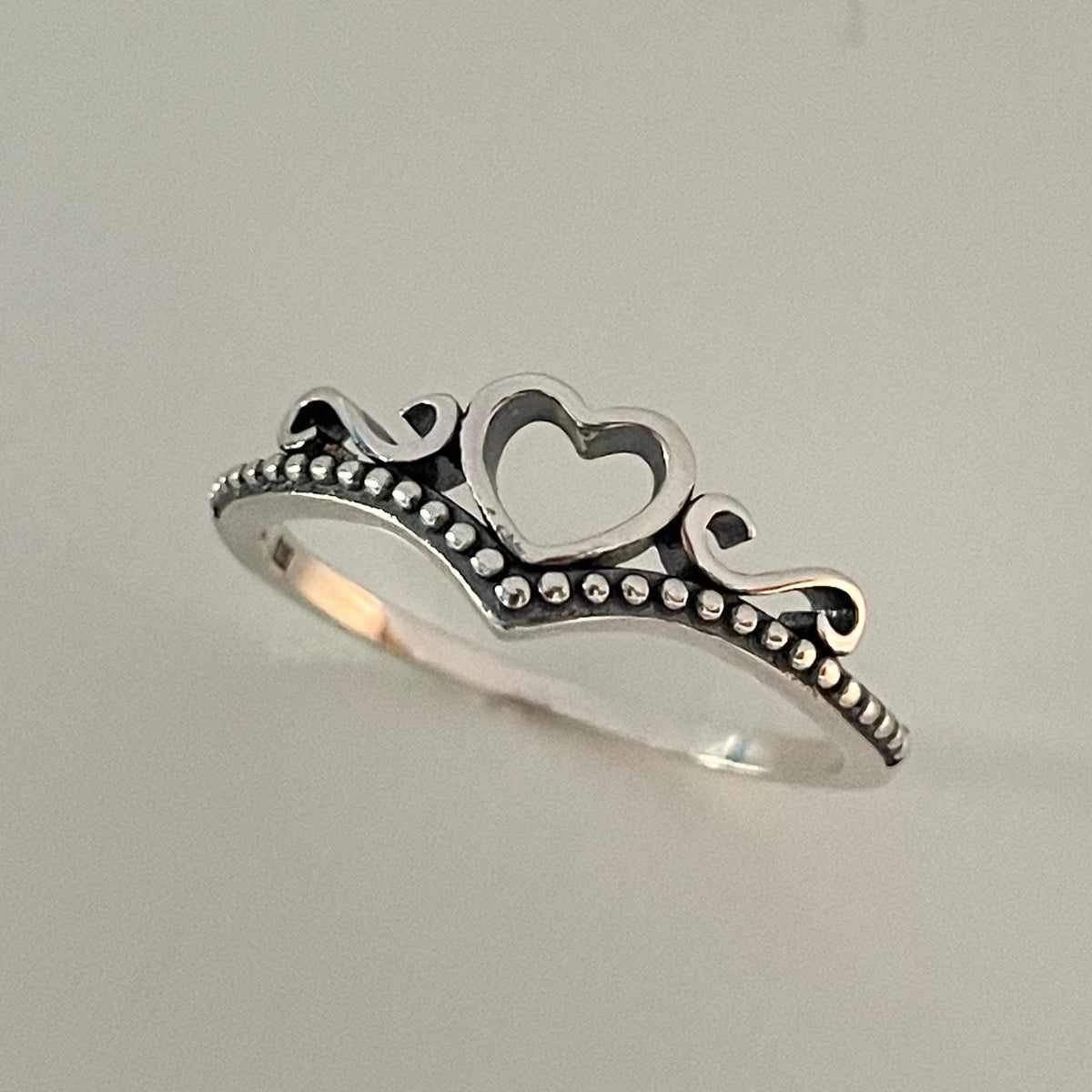 Sterling Silver Crown Heart Ring: CZ Accent, Oxidized Finish