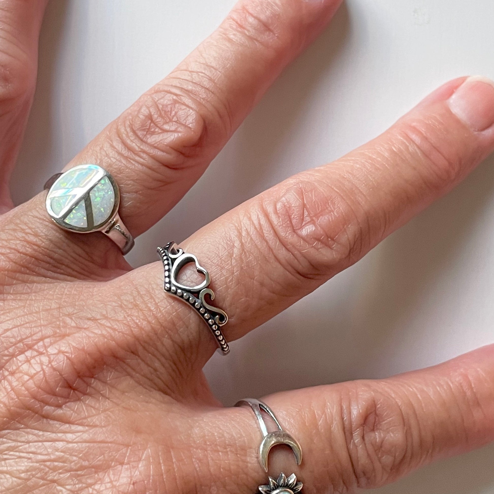 Sterling Silver Crown Heart Ring: CZ Accent, Oxidized Finish