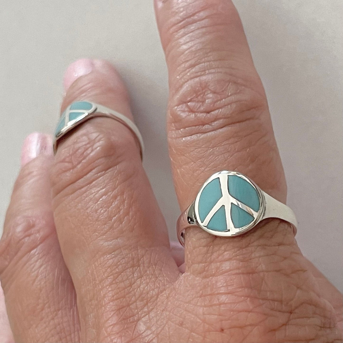 Sterling Silver Simulated Turquoise Peace Sign Ring: Boho Hippie Jewelry