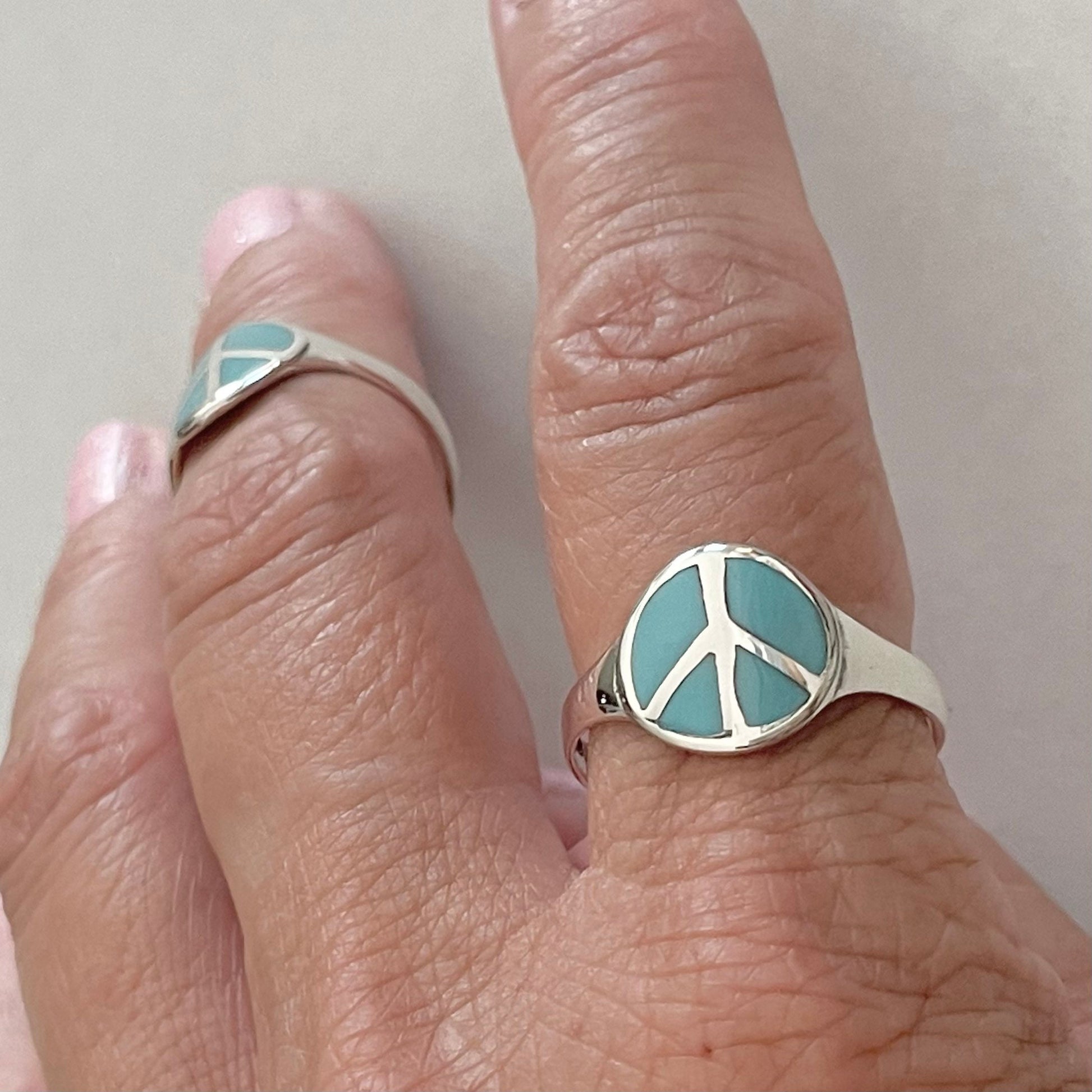 Sterling Silver Simulated Turquoise Peace Sign Ring: Boho Hippie Jewelry