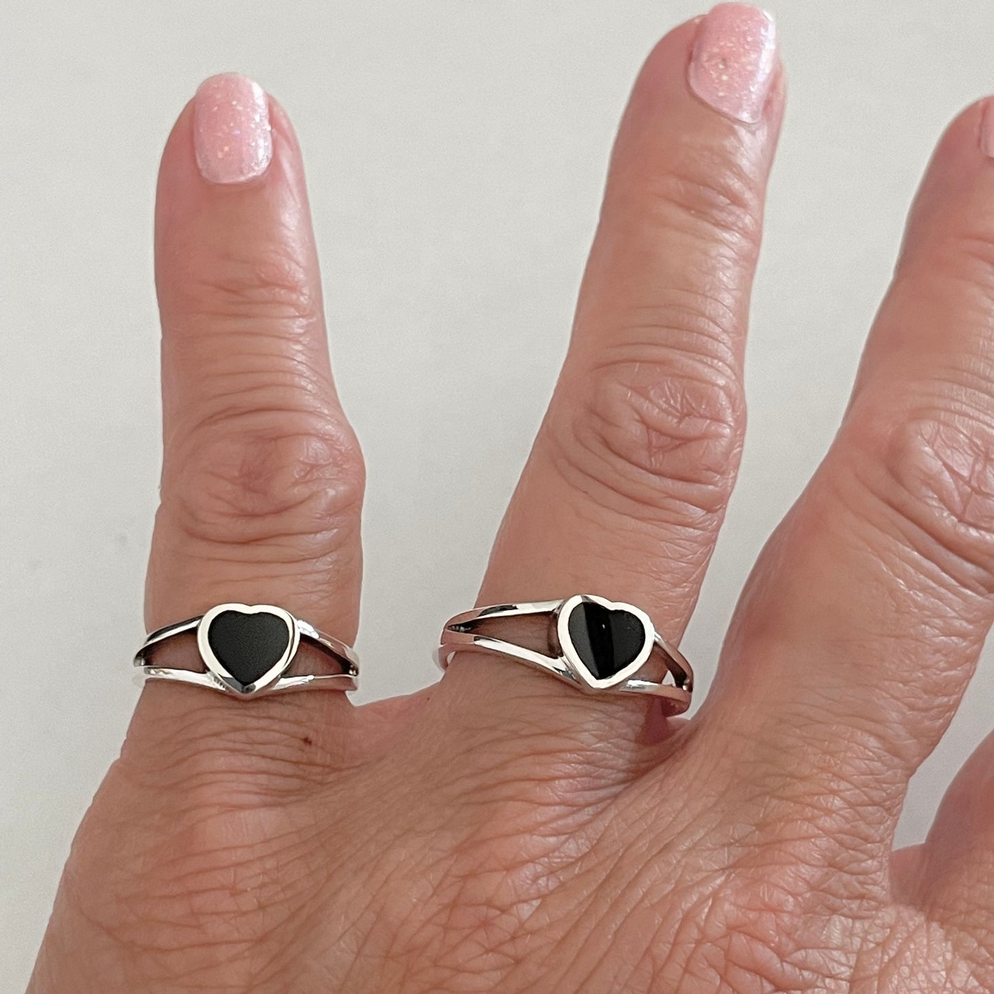Dainty Black Agate Heart Ring - Sterling Silver Promise Ring