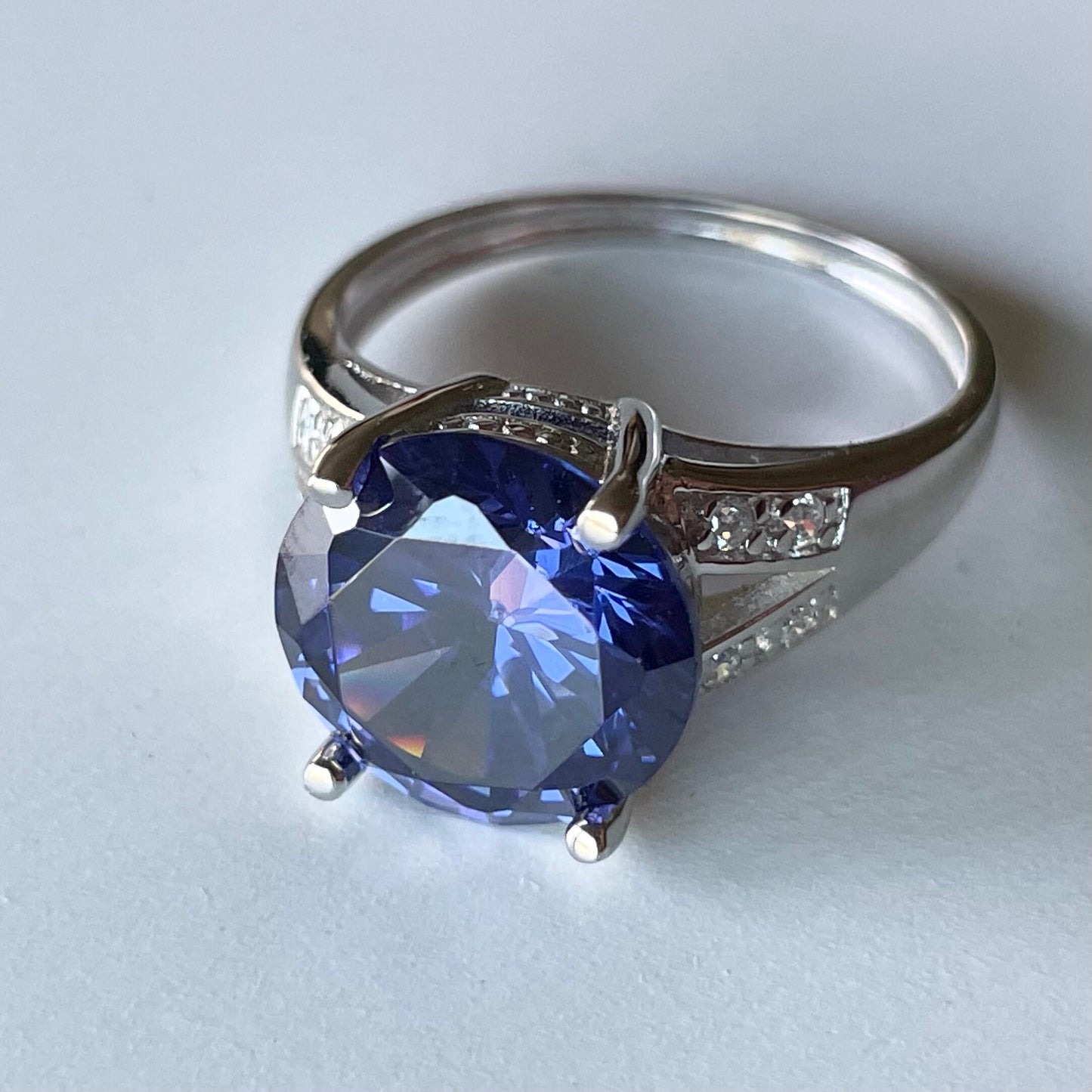 Tanzanite CZ Sterling Silver Engagement Ring: Clear CZ Accents