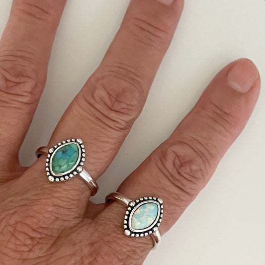 Sterling Silver Diamond Shape Ring: Genuine Turquoise or Lab Opal