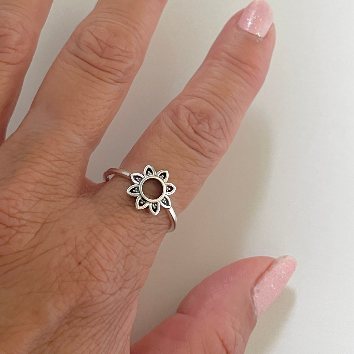 Sterling Silver Mandala Flower Ring: Boho Spiritual Jewelry