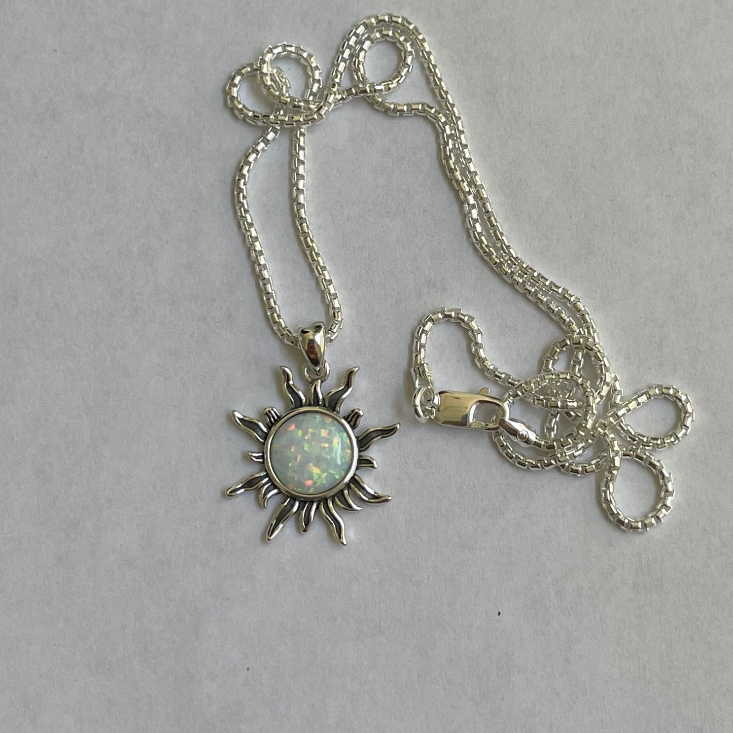 Sterling Silver White Lab Opal Dazzling Sun Pendant with Necklace, Silver Chain, Sunshine Necklace, Opal Pendant, Silver Necklace.