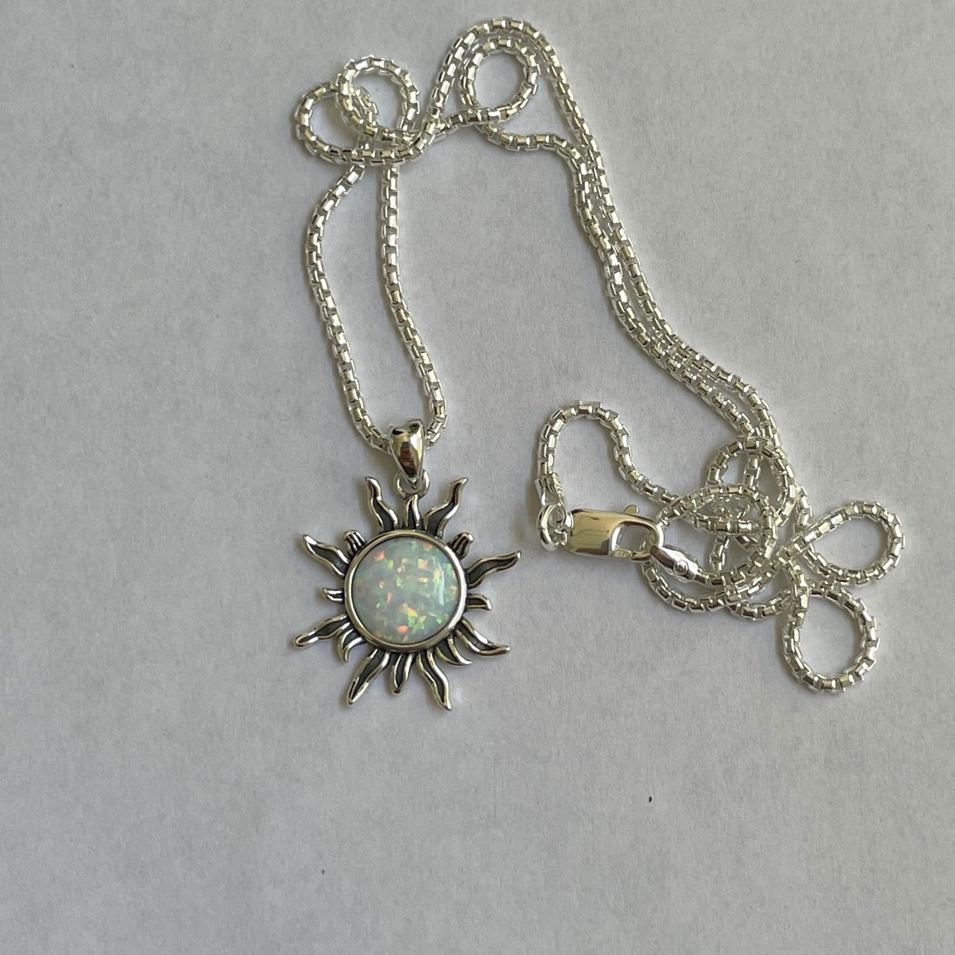 Sterling Silver White Lab Opal Dazzling Sun Pendant with Necklace, Silver Chain, Sunshine Necklace, Opal Pendant, Silver Necklace.