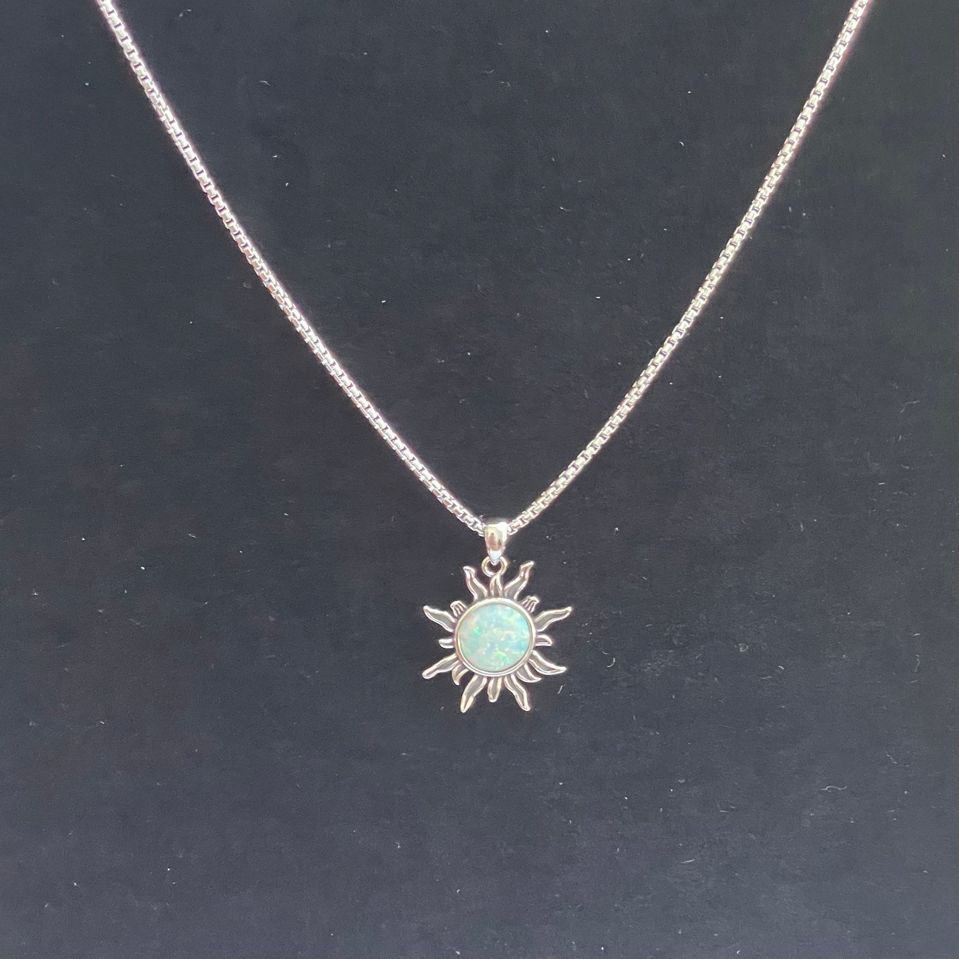 Sterling Silver White Lab Opal Dazzling Sun Pendant with Necklace, Silver Chain, Sunshine Necklace, Opal Pendant, Silver Necklace.