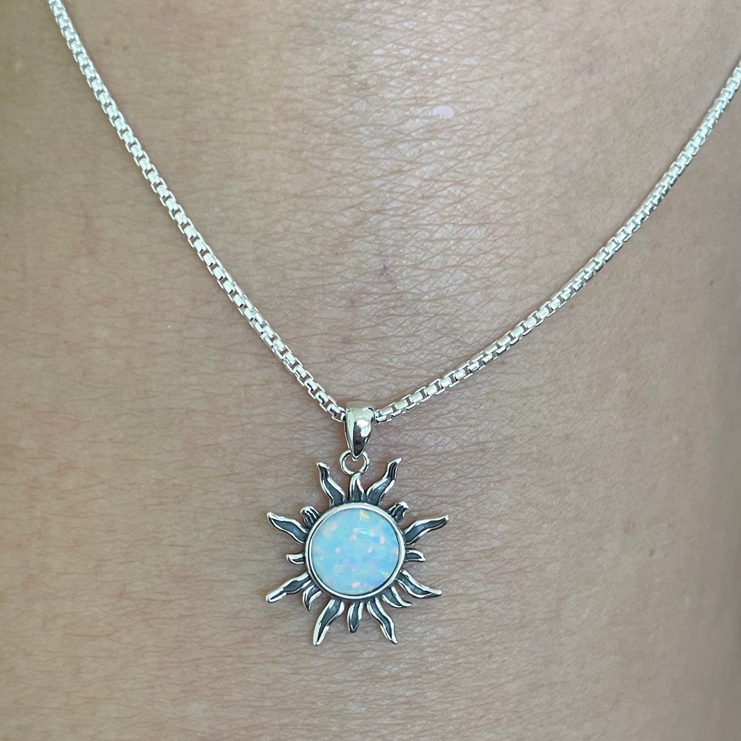 Sterling Silver White Lab Opal Dazzling Sun Pendant with Necklace, Silver Chain, Sunshine Necklace, Opal Pendant, Silver Necklace.