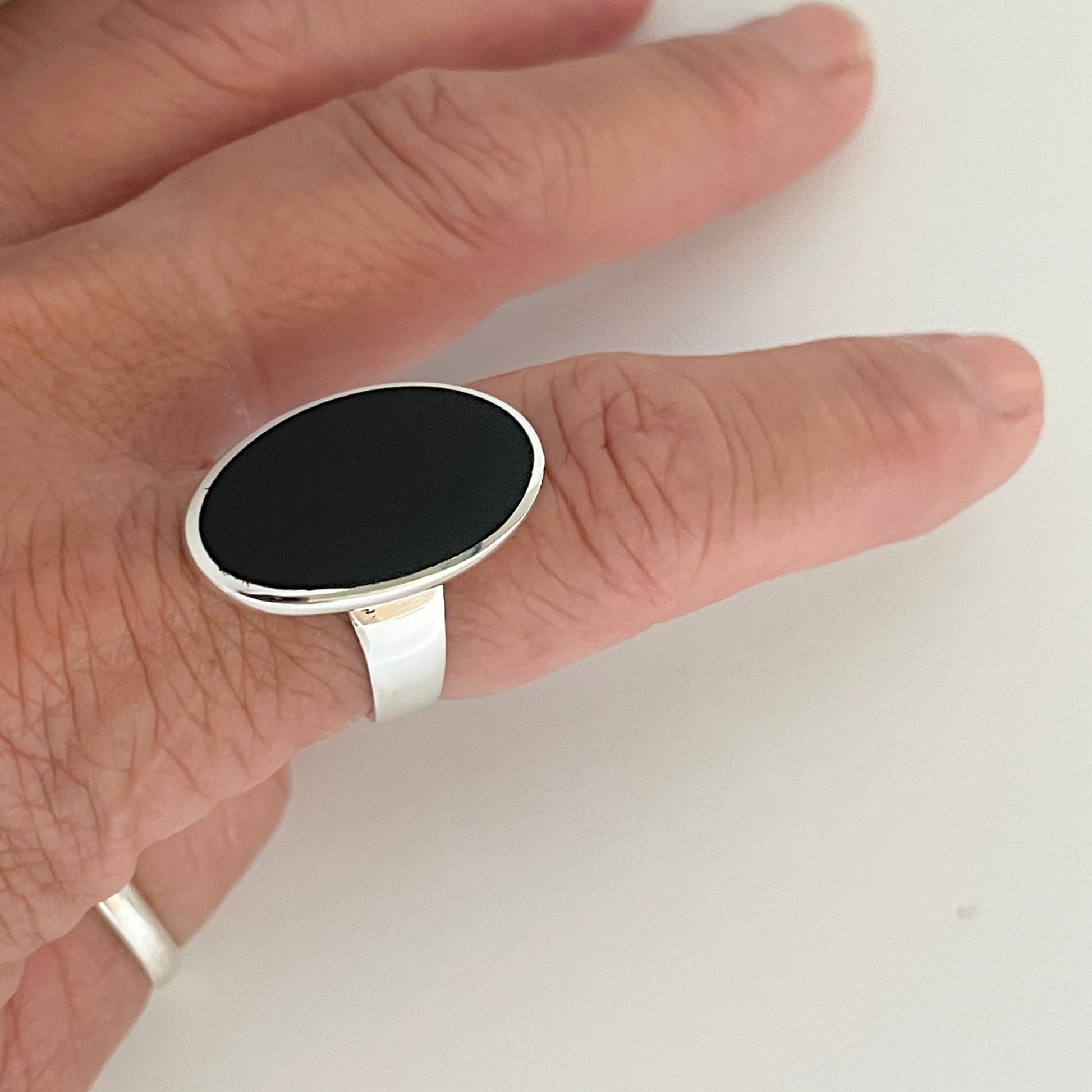 Oval Black Agate Sterling Silver Ring: Unisex Statement Jewelry