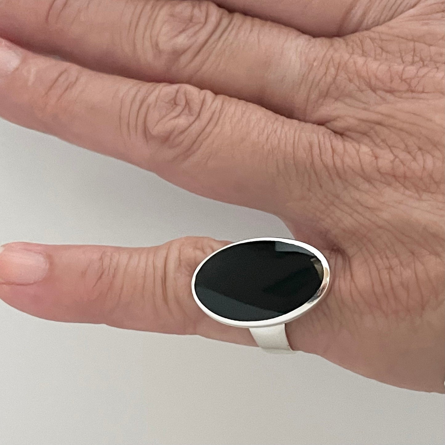 Oval Black Agate Sterling Silver Ring: Unisex Statement Jewelry