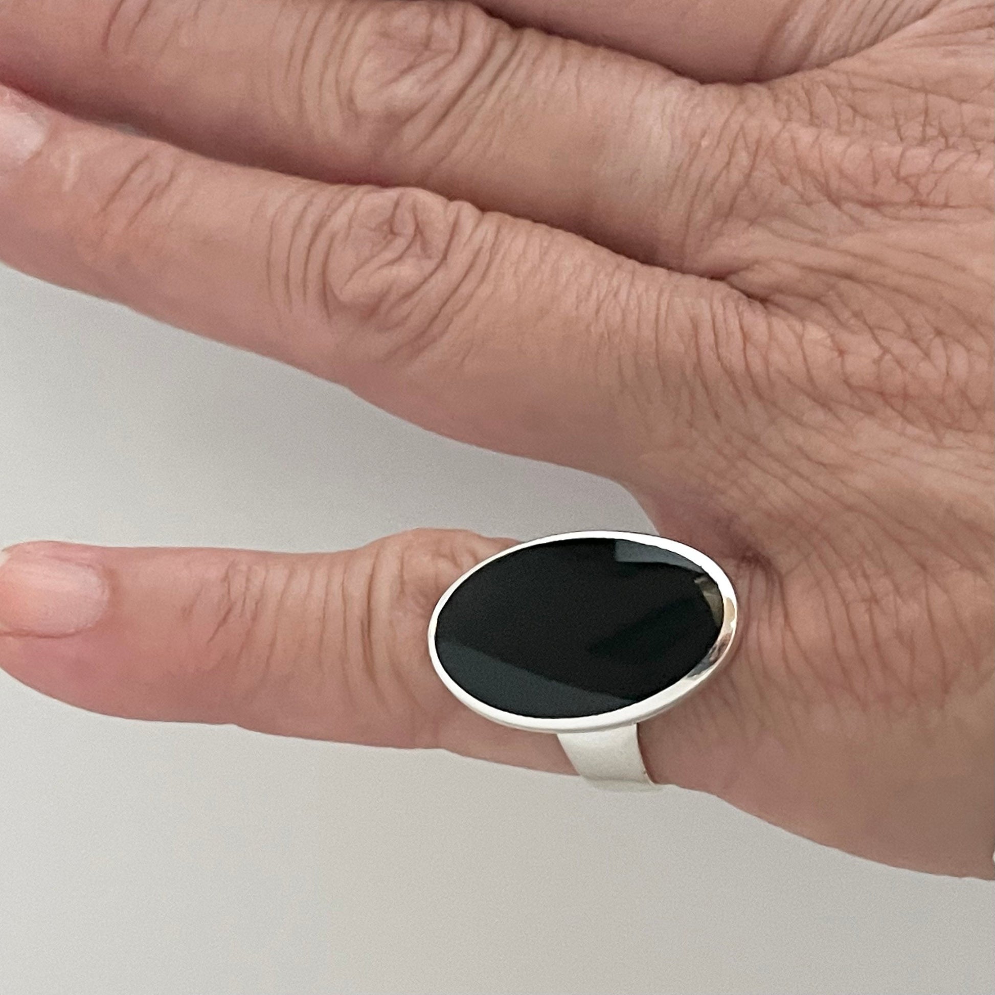 Oval Black Agate Sterling Silver Ring: Unisex Statement Jewelry