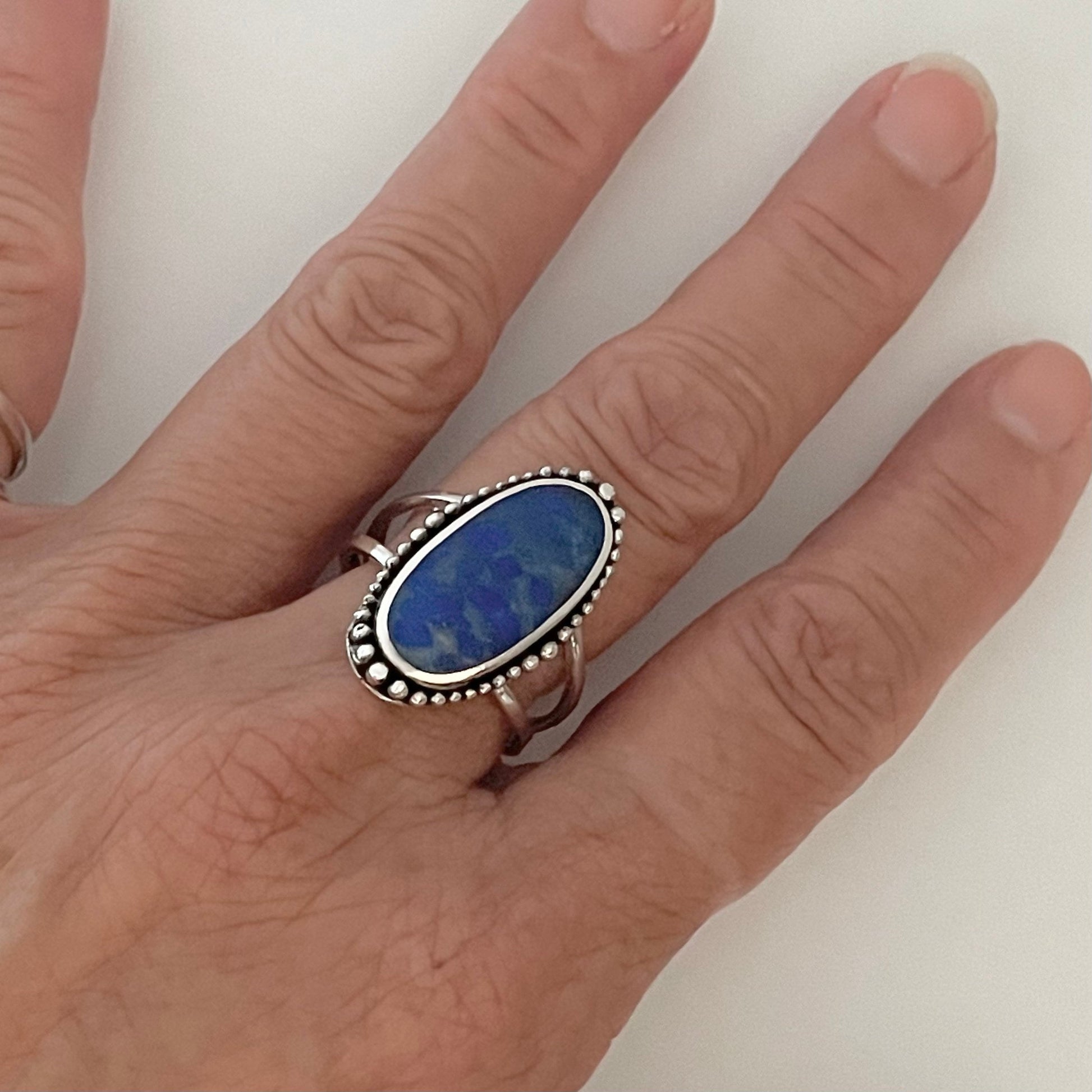 Large Vintage Blue Lapis lazuli Sterling Silver Ring, Beads Silver Ring, Blue Lapis Band, Promise Ring, Antique Silver Ring, Statemen Ring,