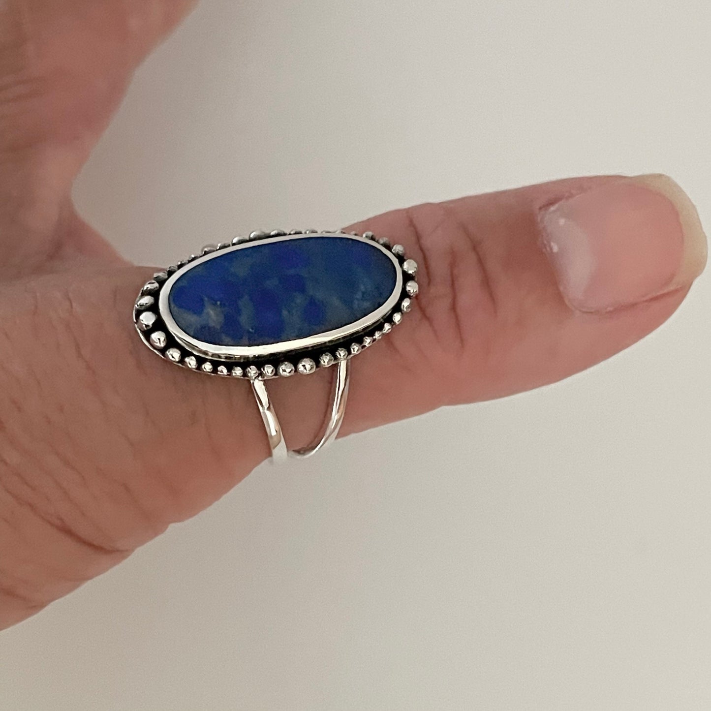 Large Vintage Blue Lapis lazuli Sterling Silver Ring, Beads Silver Ring, Blue Lapis Band, Promise Ring, Antique Silver Ring, Statemen Ring,