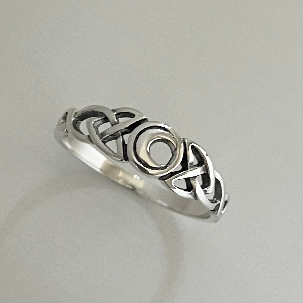 Sterling Silver Celtic Knot Ring: Small Crescent Moon, Delicate Band