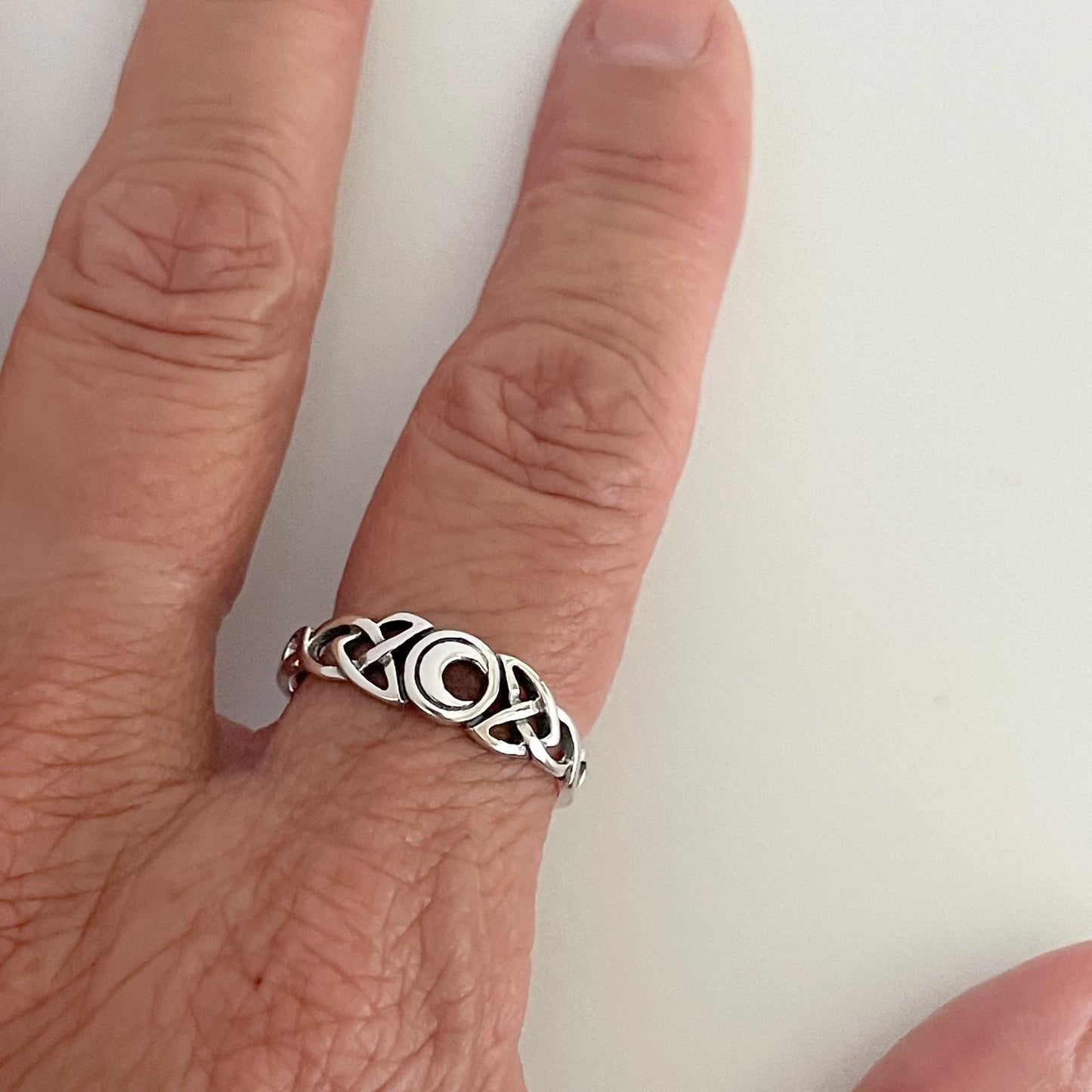 Sterling Silver Celtic Knot Ring: Small Crescent Moon, Delicate Band
