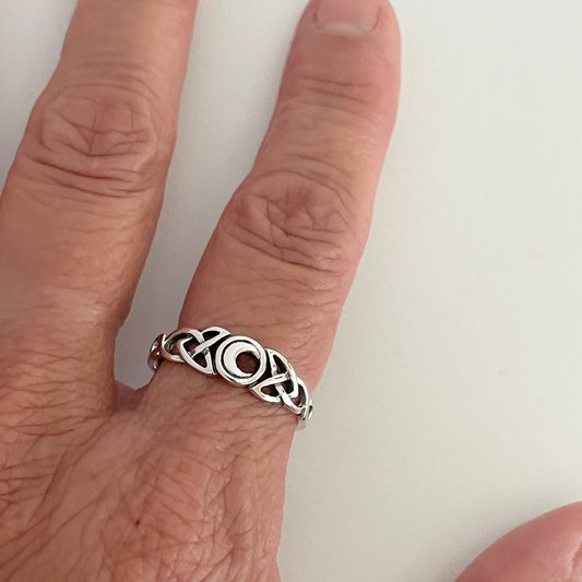 Sterling Silver Celtic Knot Ring: Small Crescent Moon, Delicate Band