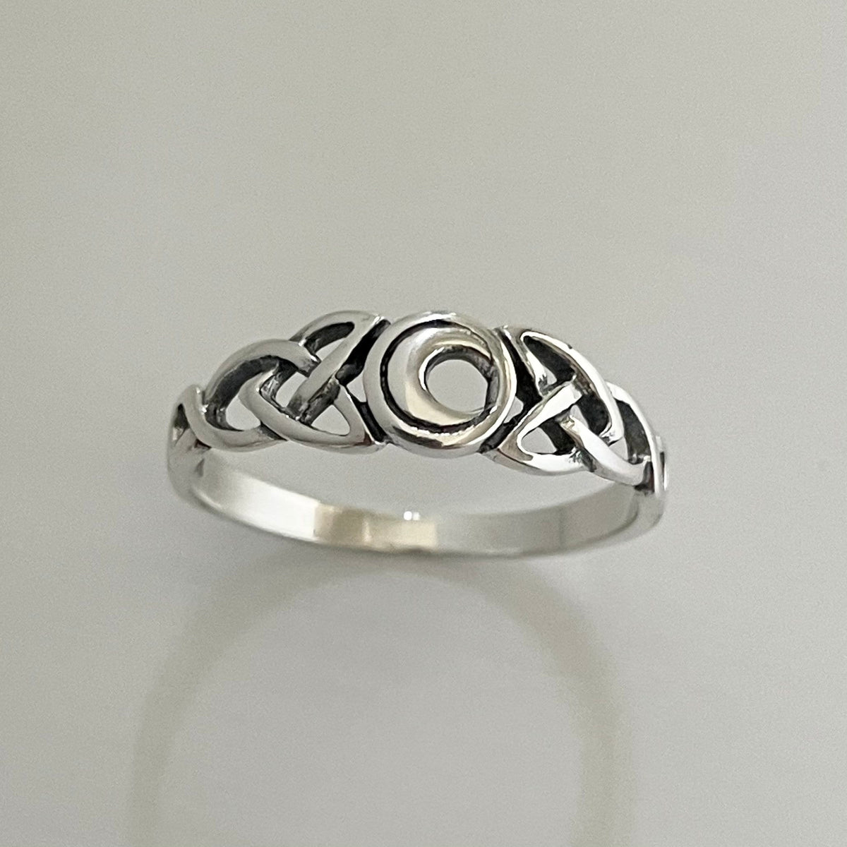 Sterling Silver Celtic Knot Ring: Small Crescent Moon, Delicate Band