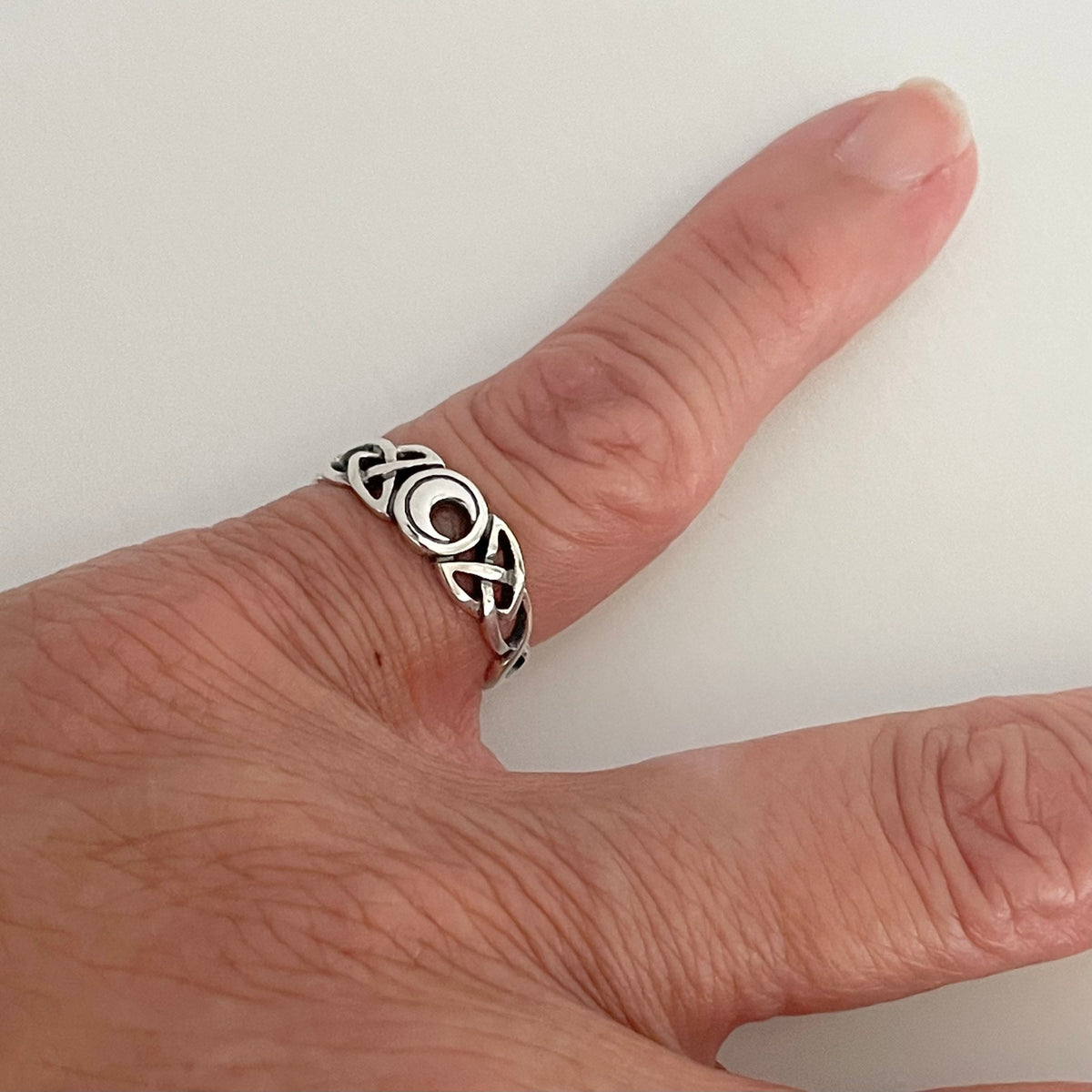 Sterling Silver Celtic Knot Ring: Small Crescent Moon, Delicate Band