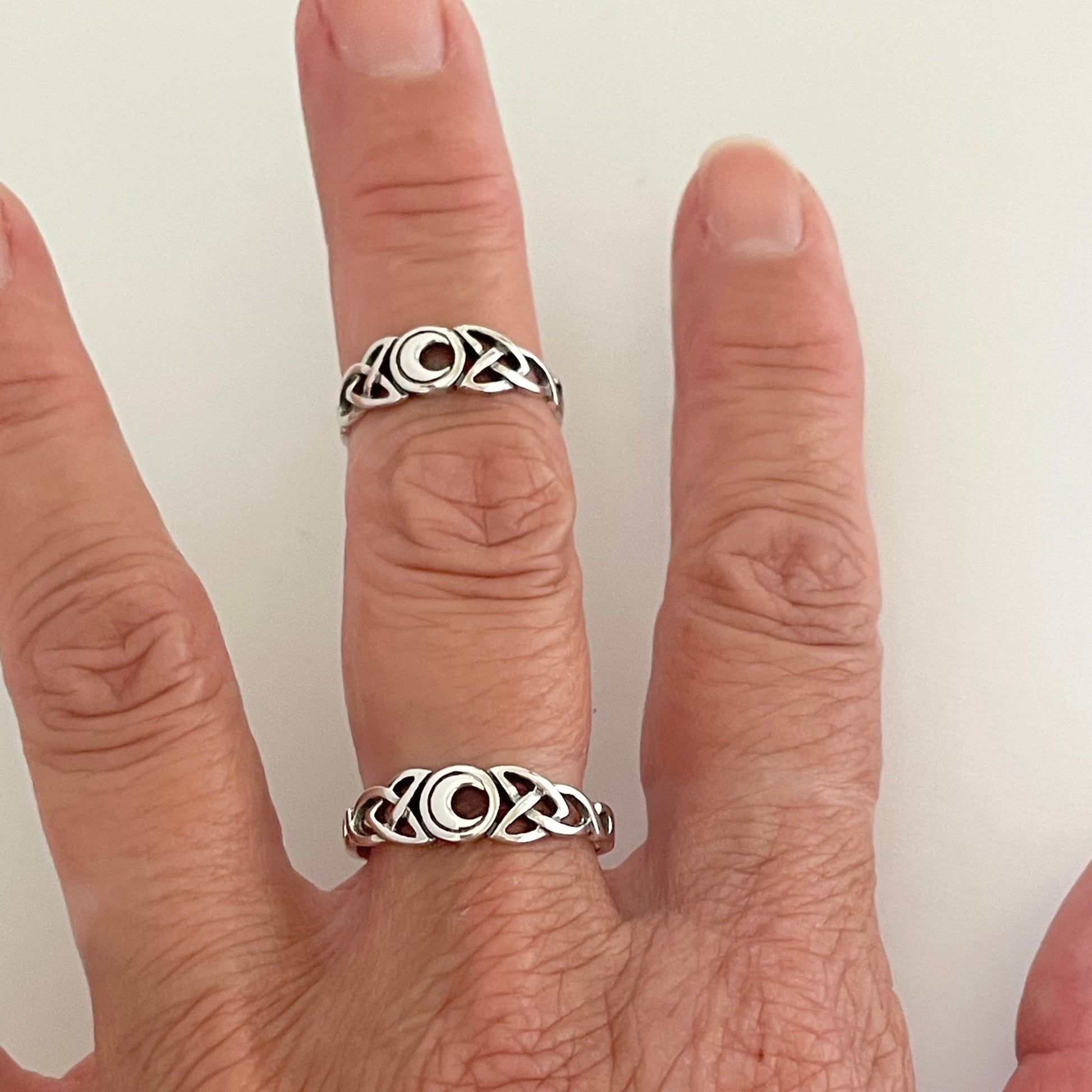 Sterling Silver Celtic Knot Ring: Small Crescent Moon, Delicate Band