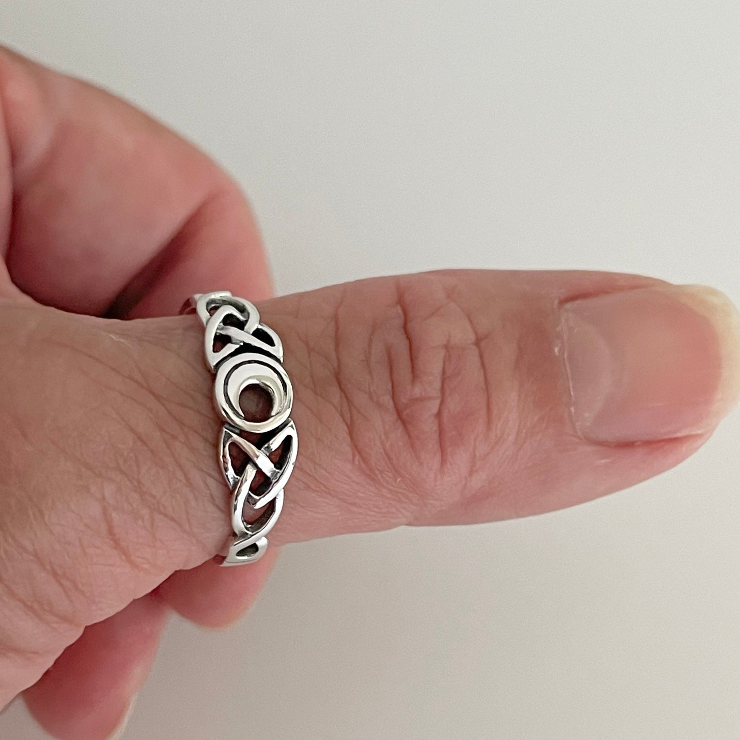Sterling Silver Celtic Knot Ring: Small Crescent Moon, Delicate Band