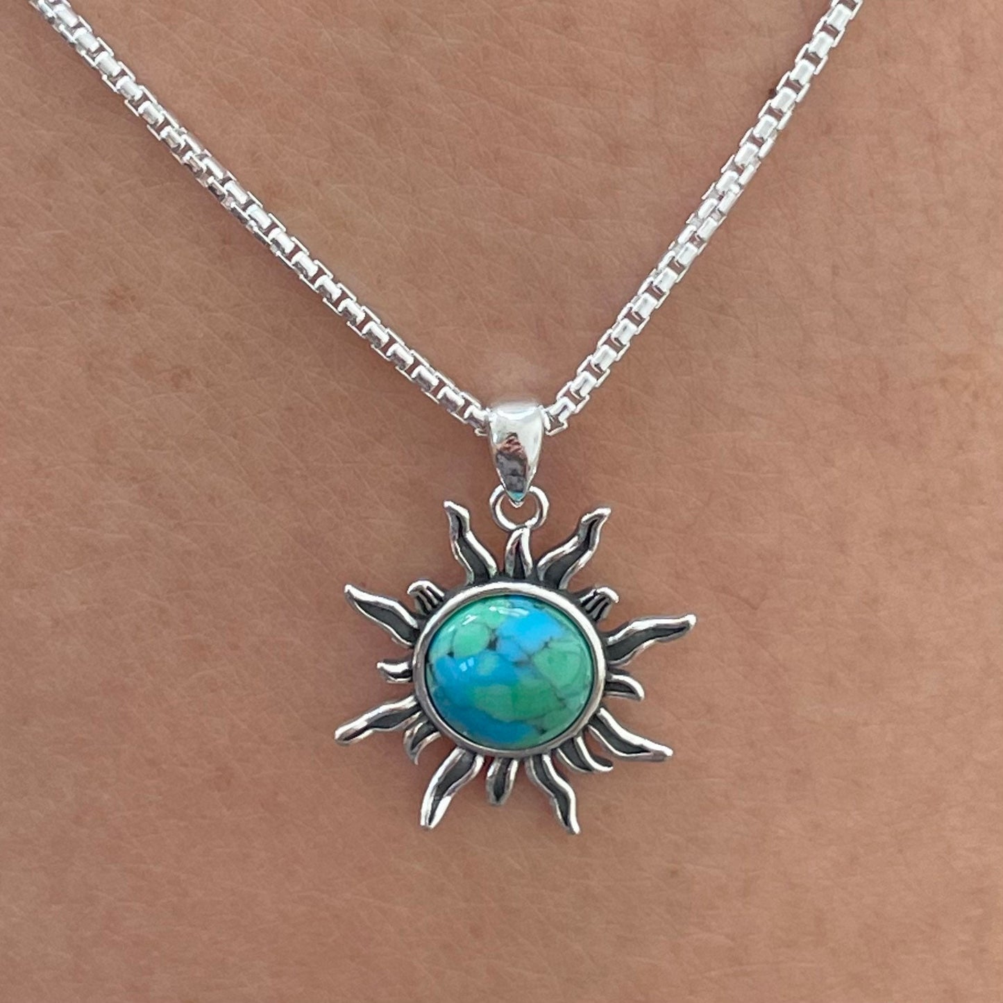 Sterling Silver Sun Necklace: Genuine Turquoise or Lab Opal Pendant