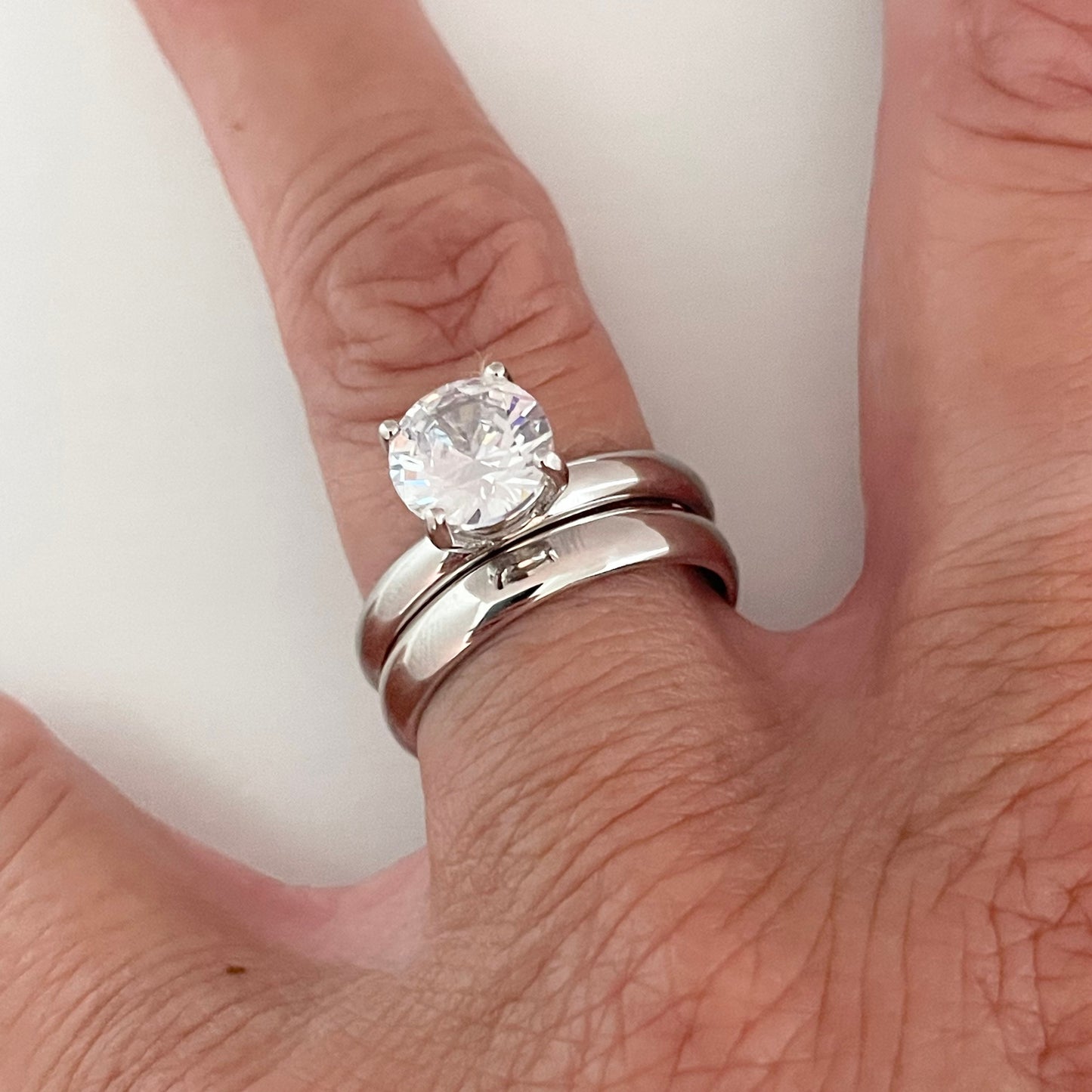 CZ Solitaire Sterling Silver Wedding Ring Set