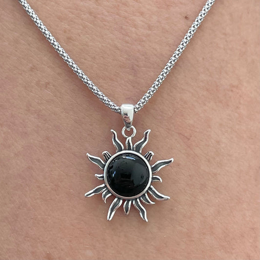 Blazing Black Agate Sun Sterling Silver Necklace - Silver Chain - Sunshine Necklace - Onyx Pendant - Silver Necklace - Sun Pendant