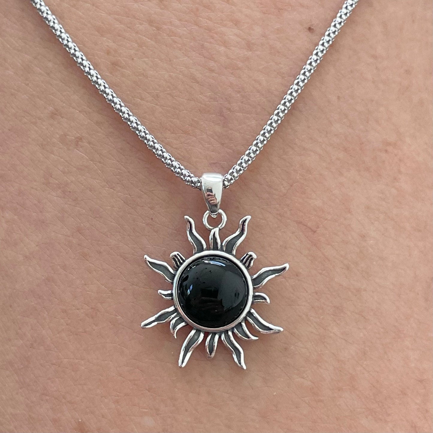 Black Agate Sun Pendant: Sterling Silver Sunshine Necklace
