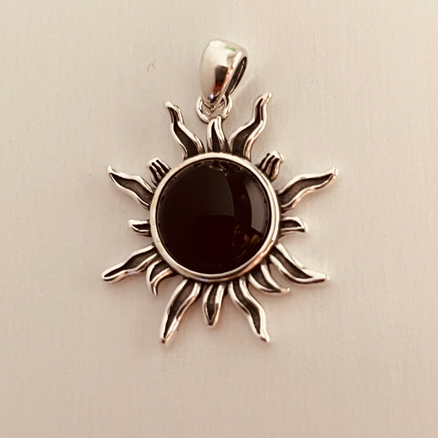 Black Agate Sun Pendant: Sterling Silver Sunshine Necklace