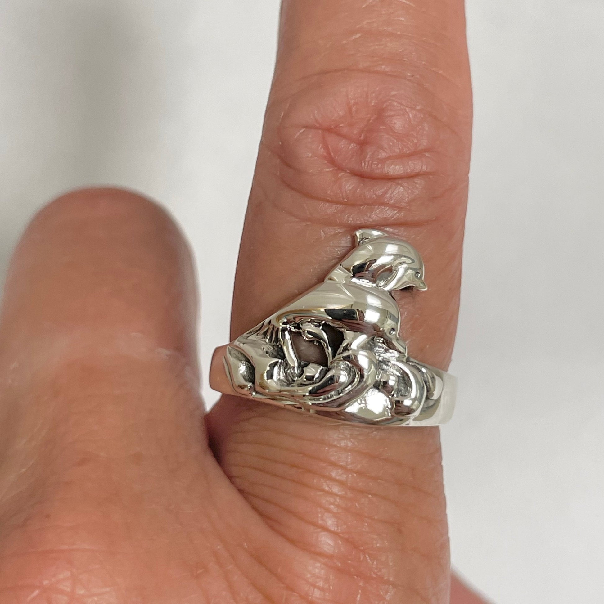 Twins Dolphin Sterling Silver Ring: Ocean Wave Band