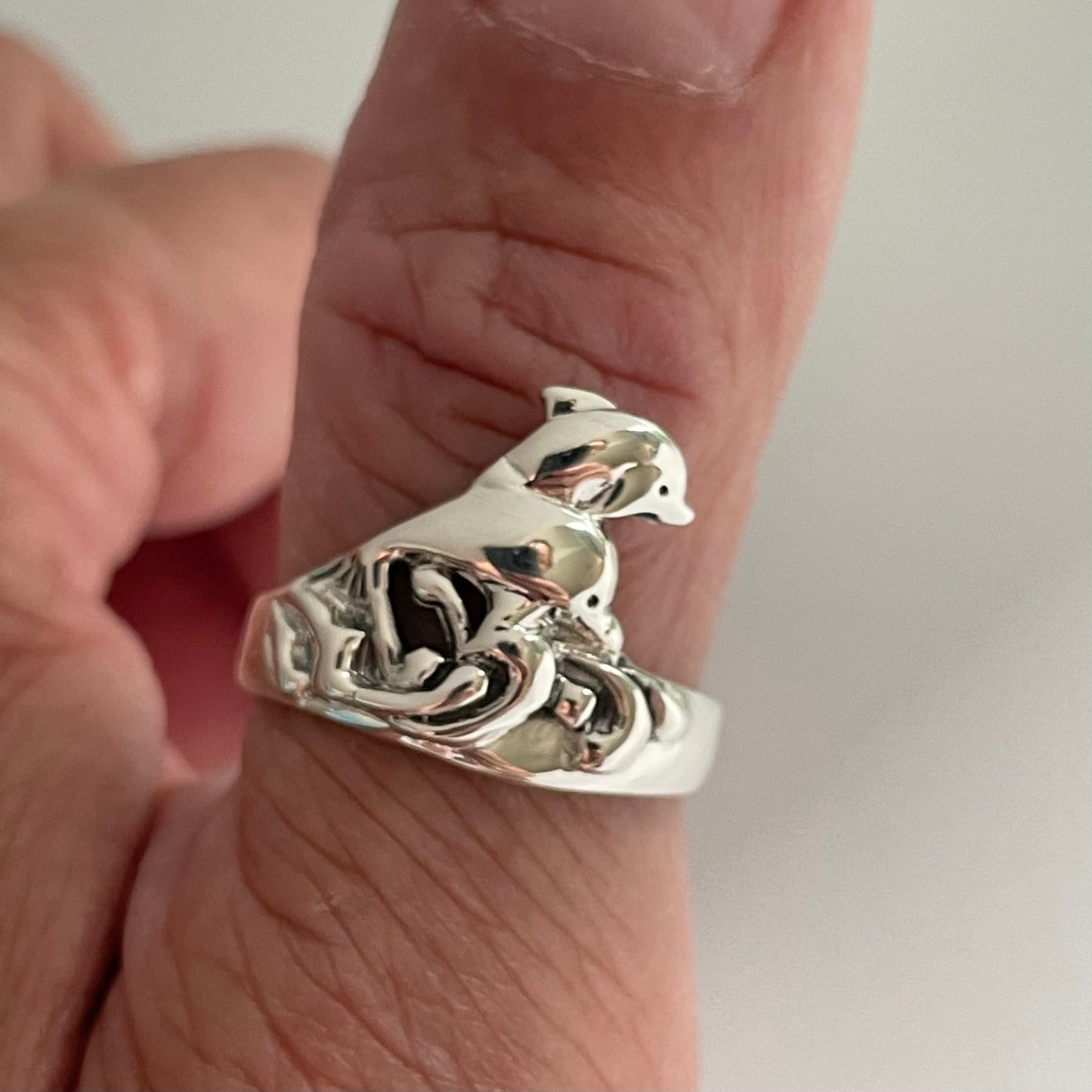 Twins Dolphin Sterling Silver Ring: Ocean Wave Band