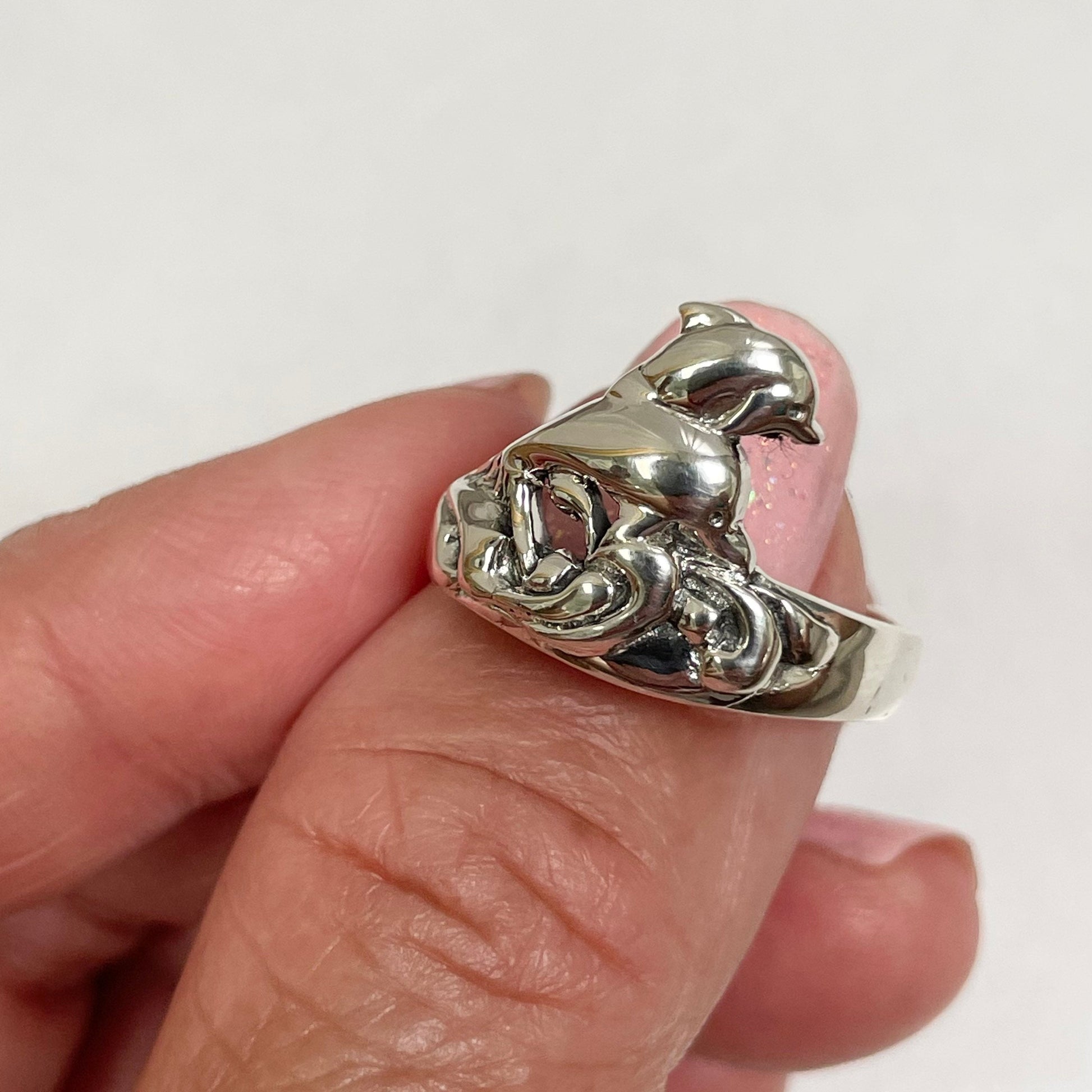 Twins Dolphin Sterling Silver Ring: Ocean Wave Band