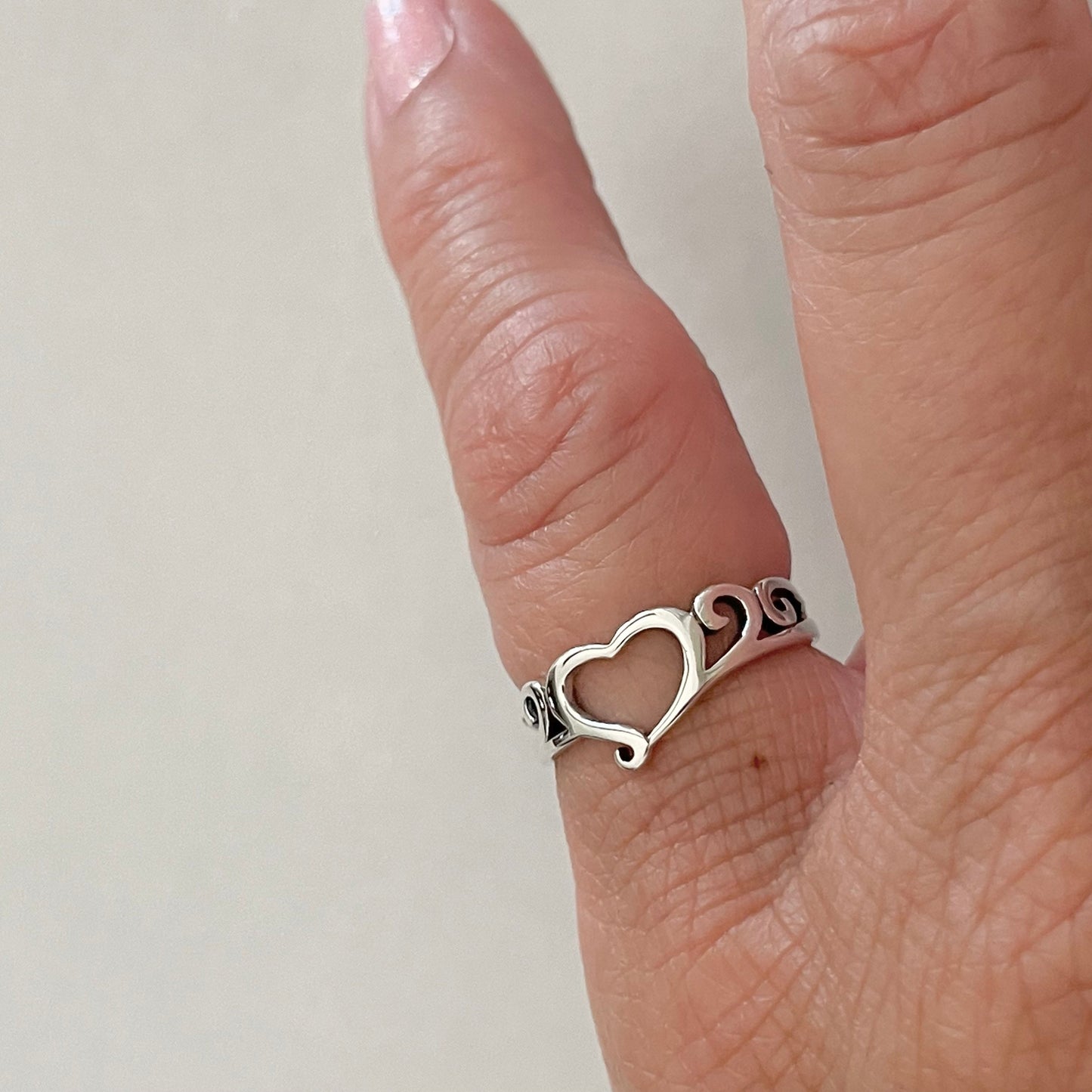 Sterling Silver Open Heart Ring: Swirl Design, Love Jewelry