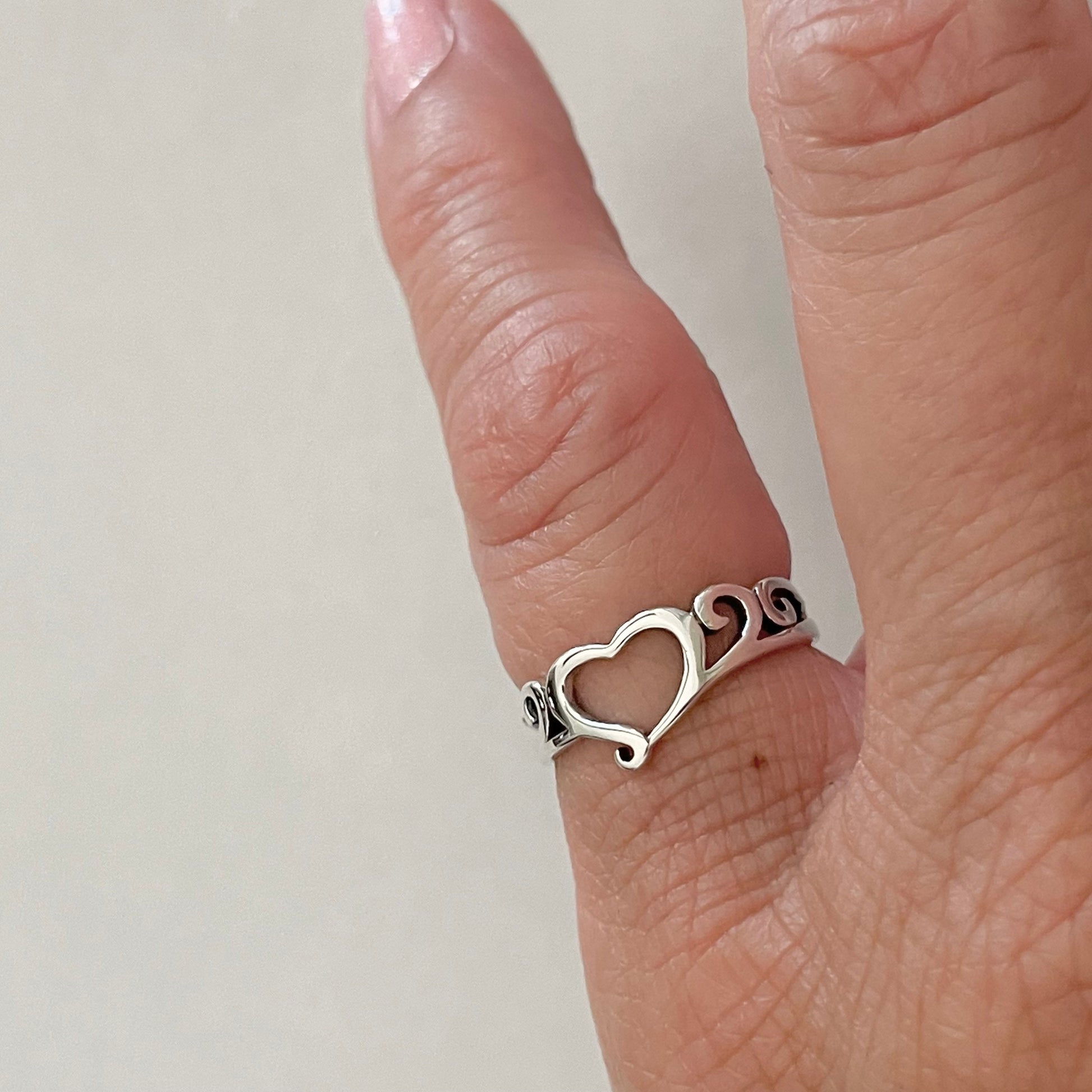Sterling Silver Open Heart Ring: Swirl Design, Love Jewelry