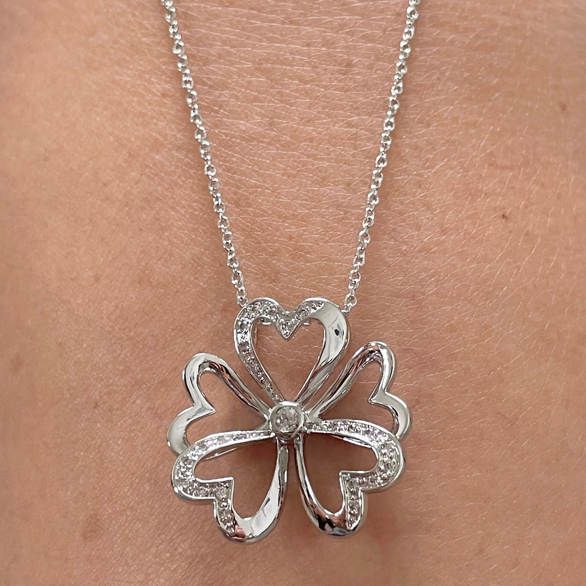 Sterling Silver CZ Heart Clover Necklace - 29mm Pendant