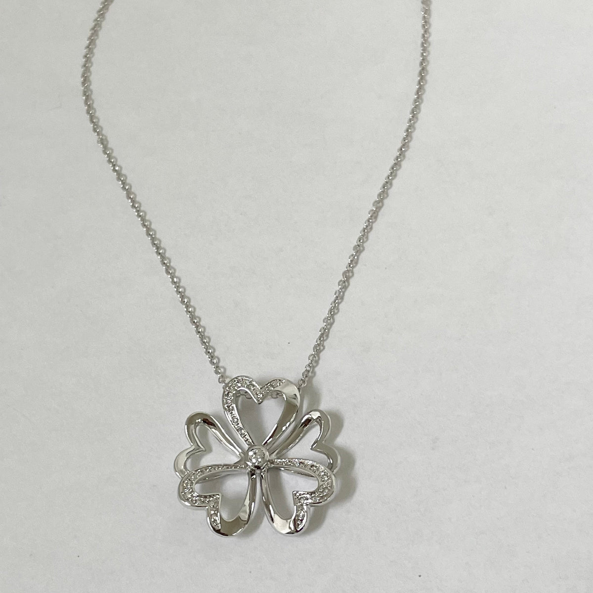 Sterling Silver CZ Heart Clover Necklace - 29mm Pendant