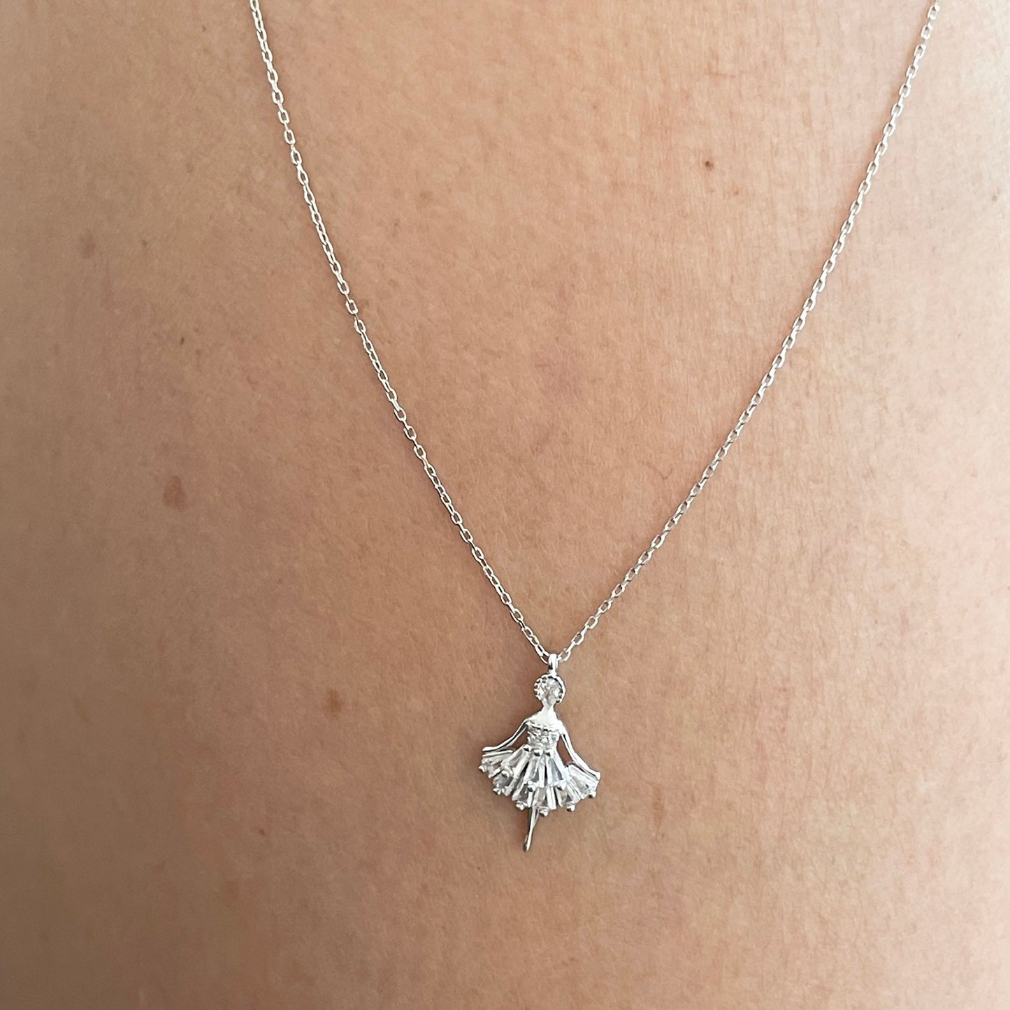 CZ Ballerina Sterling Silver Necklace: Dancer Pendant, 16-inch Chain