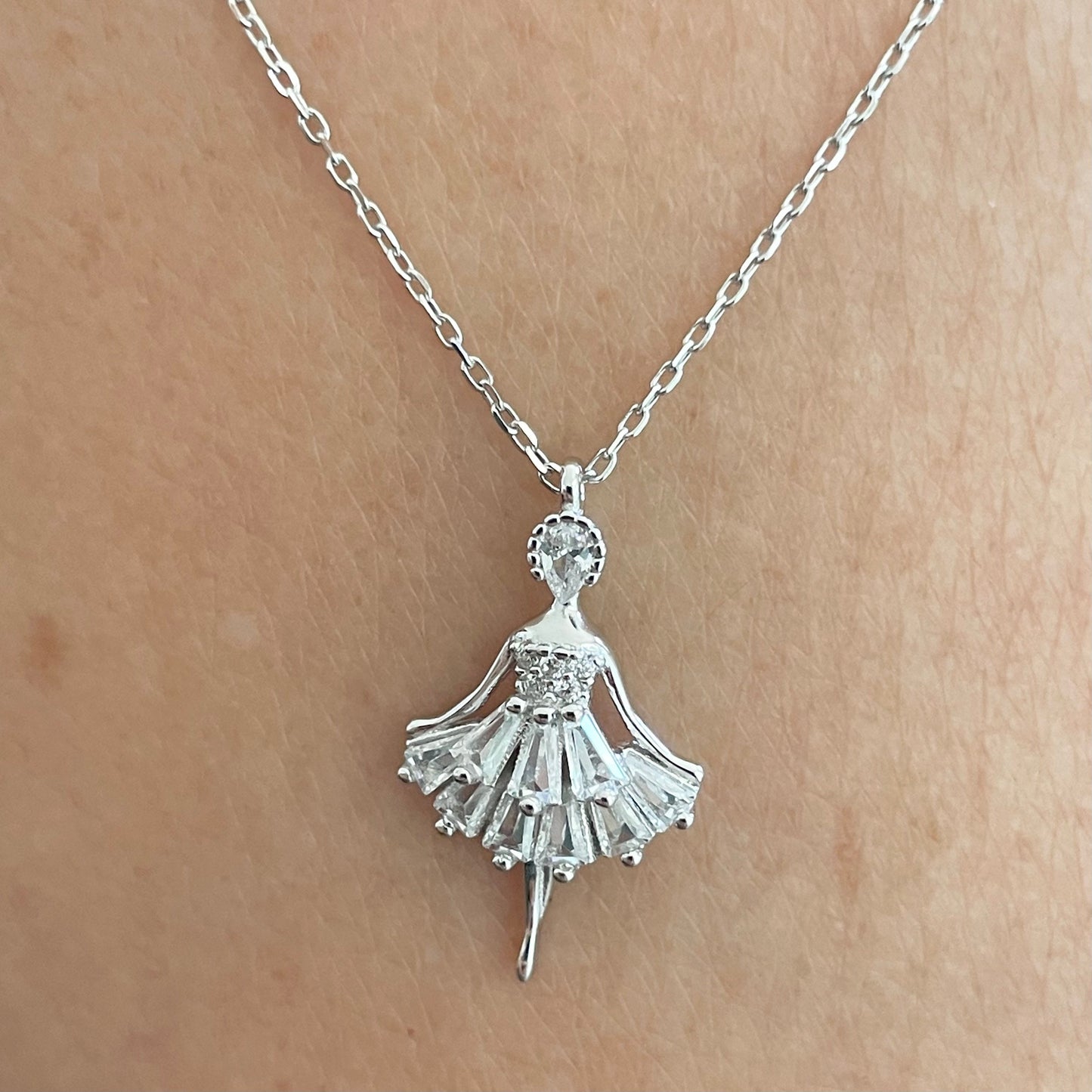 CZ Ballerina Sterling Silver Necklace: Dancer Pendant, 16-inch Chain
