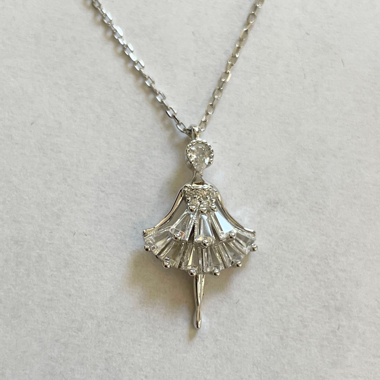 CZ Ballerina Sterling Silver Necklace: Dancer Pendant, 16-inch Chain