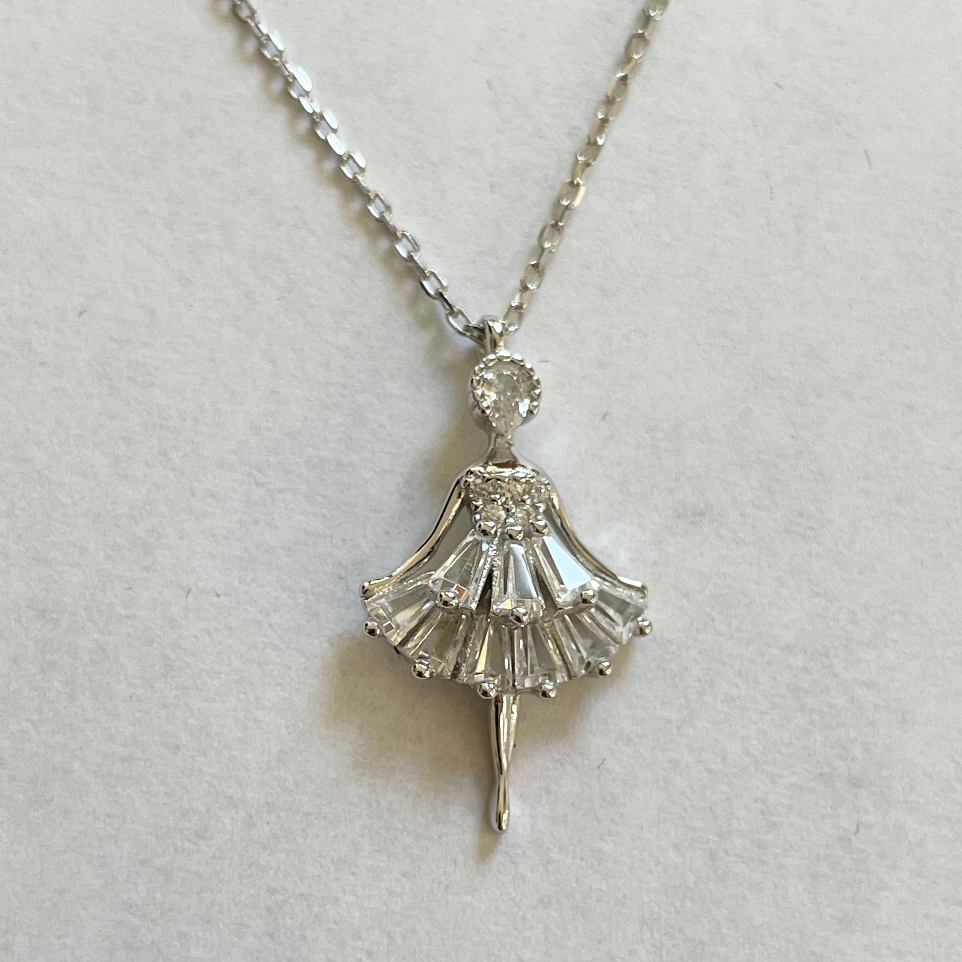 CZ Ballerina Sterling Silver Necklace: Dancer Pendant, 16-inch Chain