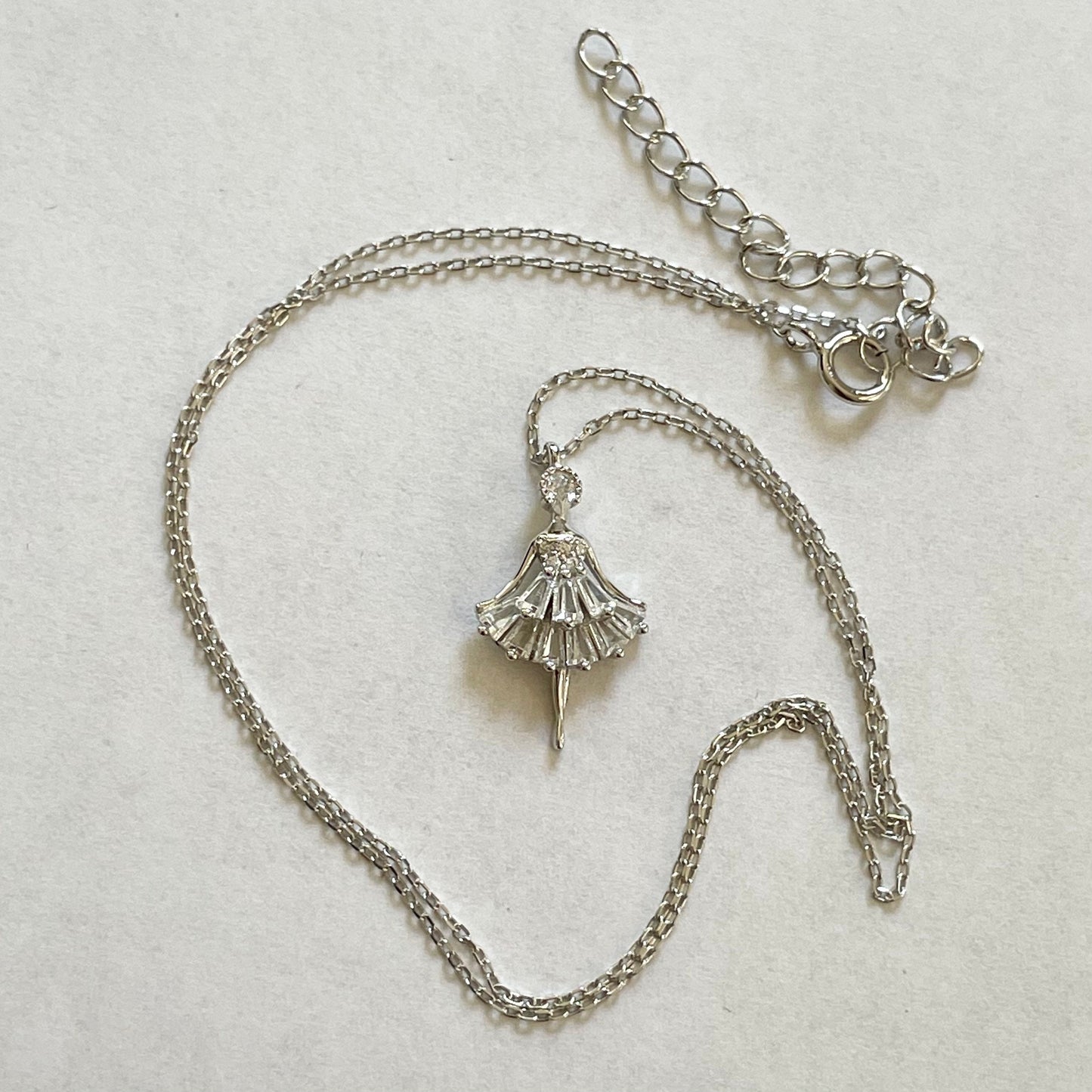 CZ Ballerina Sterling Silver Necklace: Dancer Pendant, 16-inch Chain