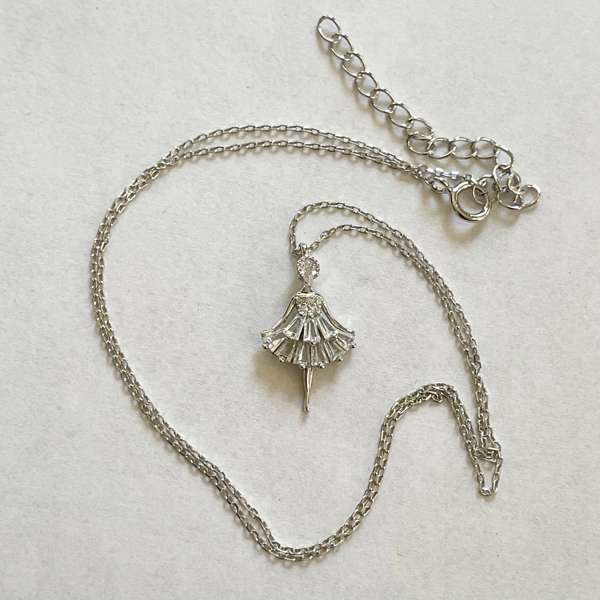 CZ Ballerina Sterling Silver Necklace: Dancer Pendant, 16-inch Chain
