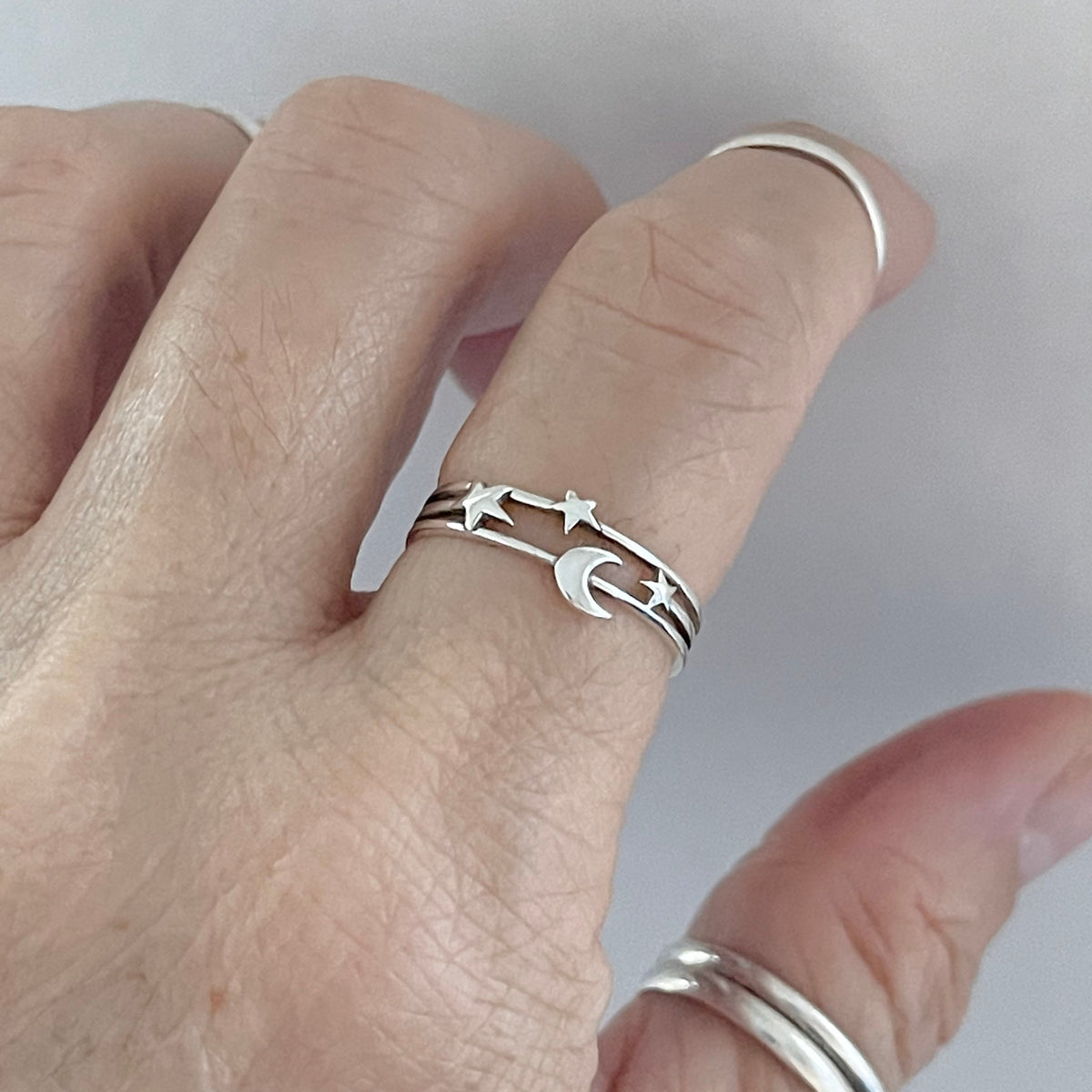 Sterling Silver Moon and Star Ring: Celestial Boho Jewelry