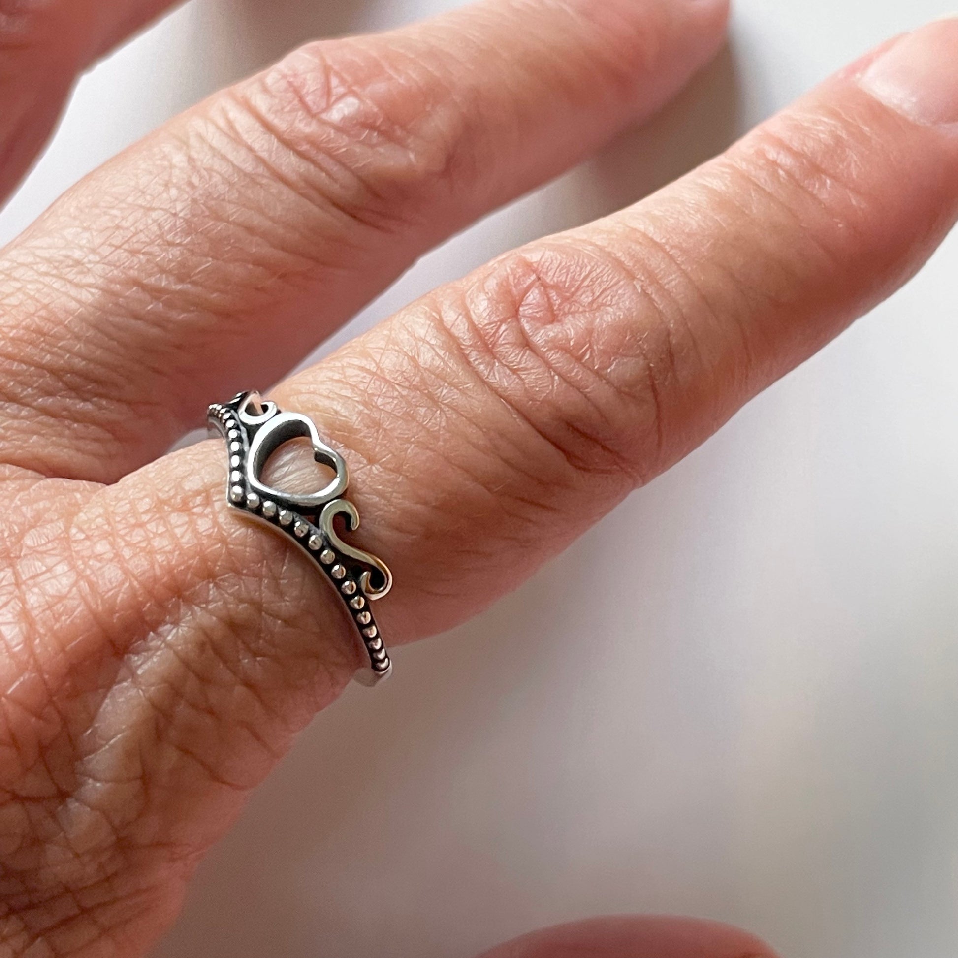Sterling Silver Crown Heart Ring: CZ Accent, Oxidized Finish