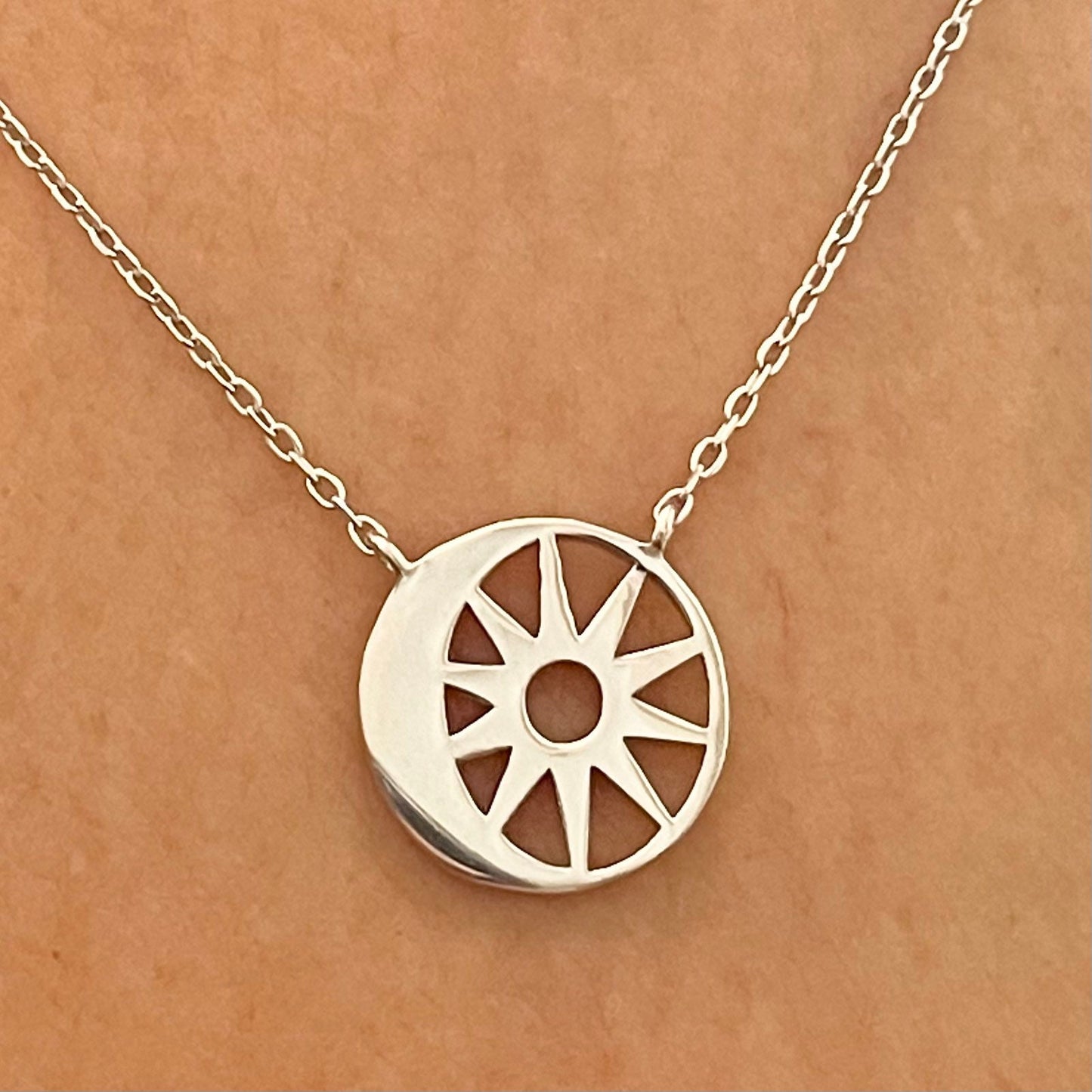 Dainty Sterling Silver Sun & Moon Pendant Necklace - Celestial Jewelry