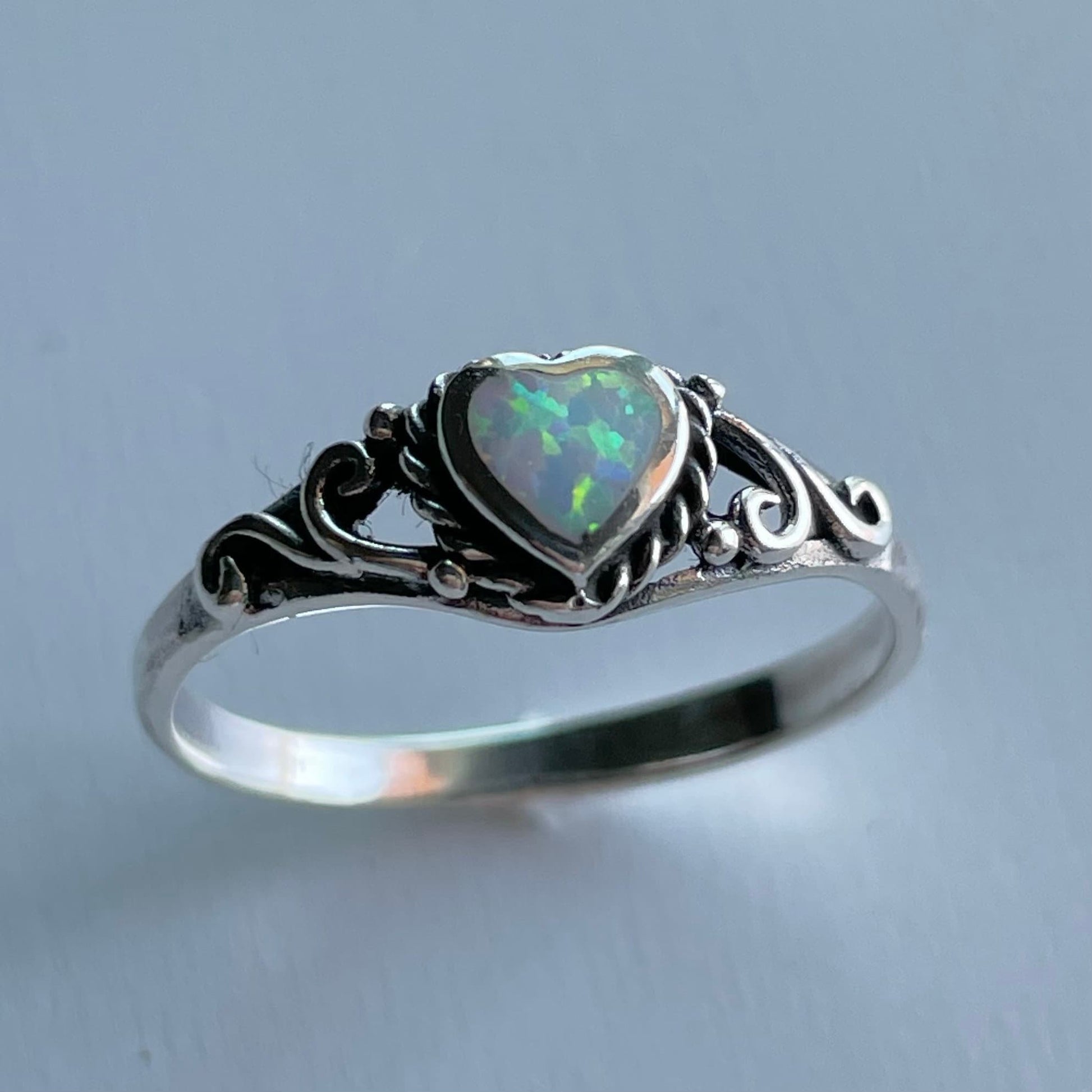 Sterling Silver White Lab Opal Heart Ring: Swirl Boho Ring