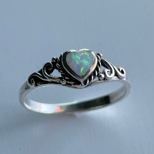 Sterling Silver White Lab Opal Heart Ring: Swirl Boho Ring